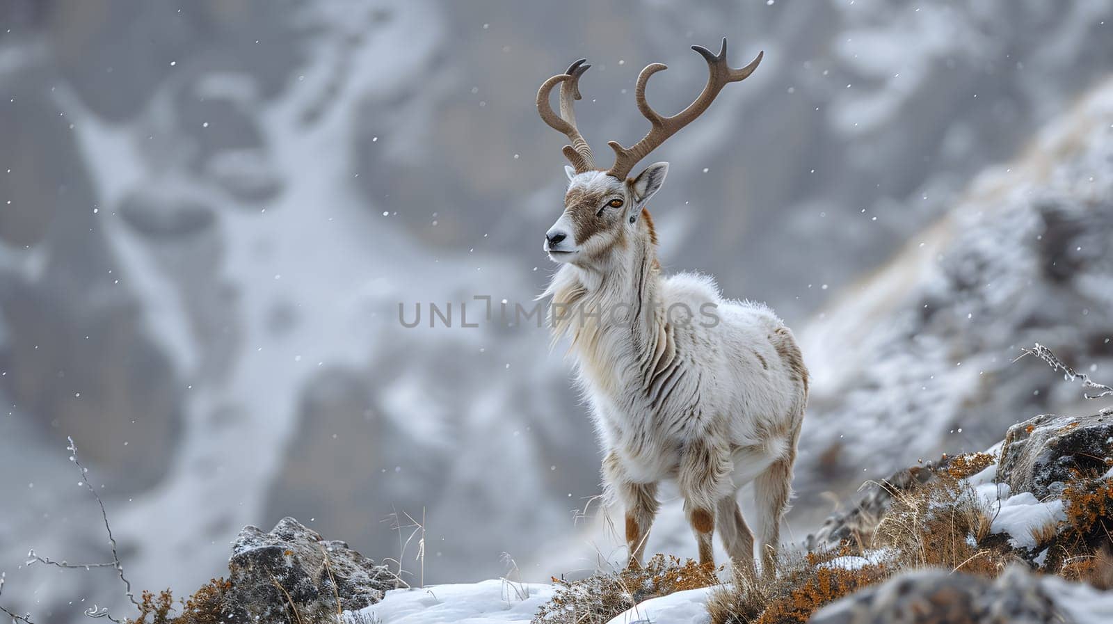 A majestic reindeer with antlers is perched atop a snowy hill, blending beautifully with the winter landscape