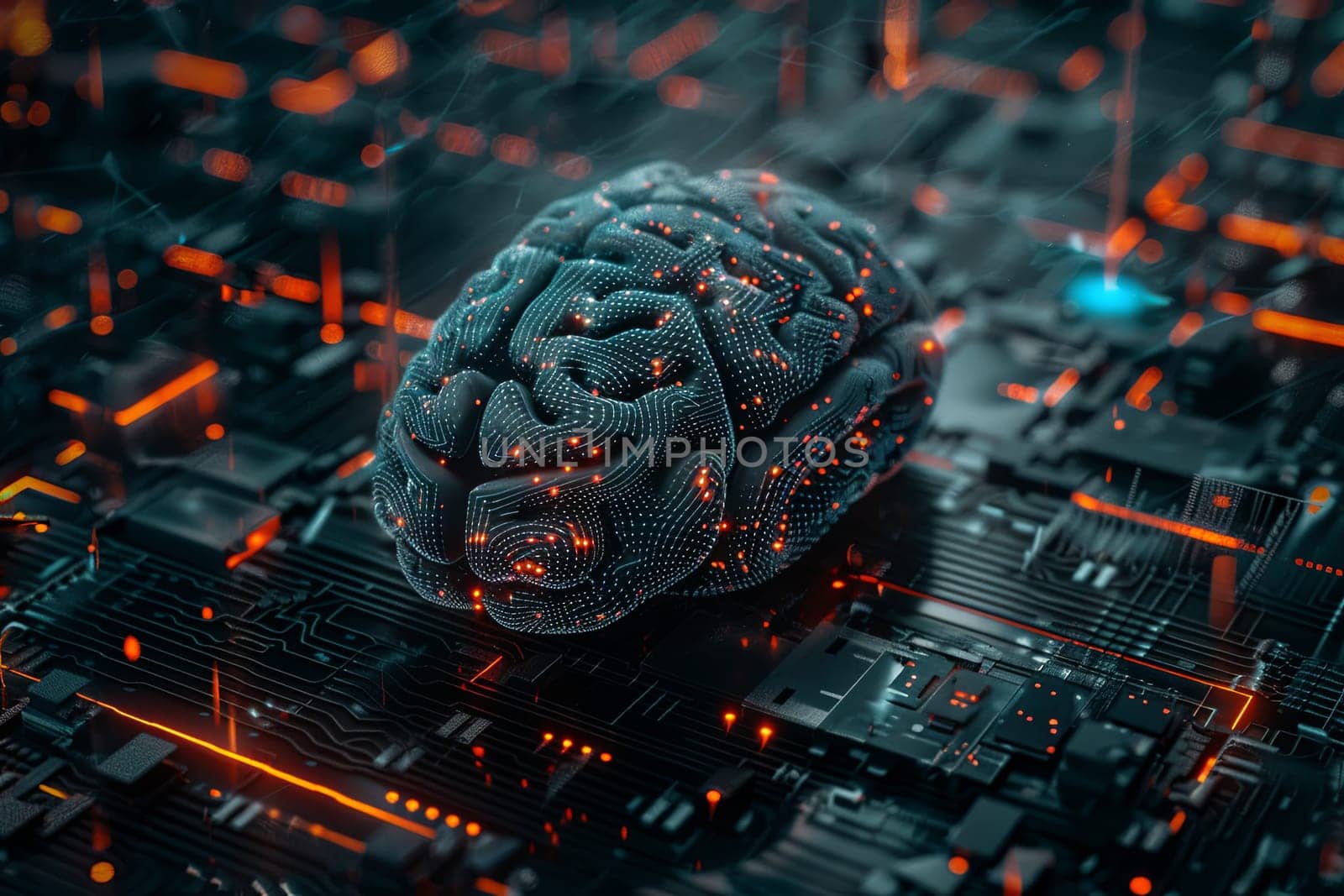 An abstract visualization of a human brain integrated with digital elements and neural networks, symbolizing the fusion of human intelligence and artificial intelligence.