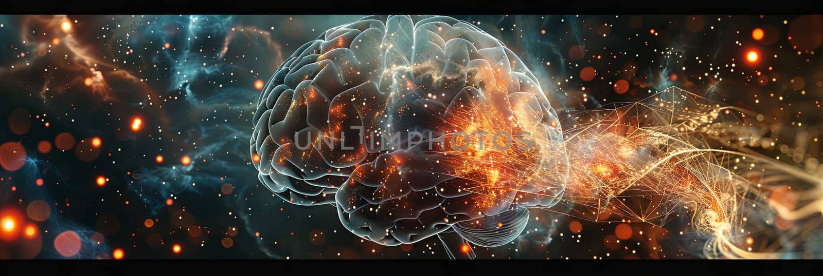 An intricate, futuristic design depicting a human brain fused with digital elements and neural networks, symbolizing the convergence of human intelligence and AI. Generative AI by AnatoliiFoto