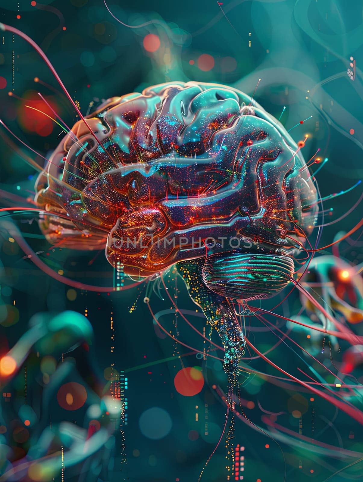 A futuristic and intricate abstract design of a human brain interconnected with digital elements and neural networks, symbolizing the convergence of human intelligence and AI.