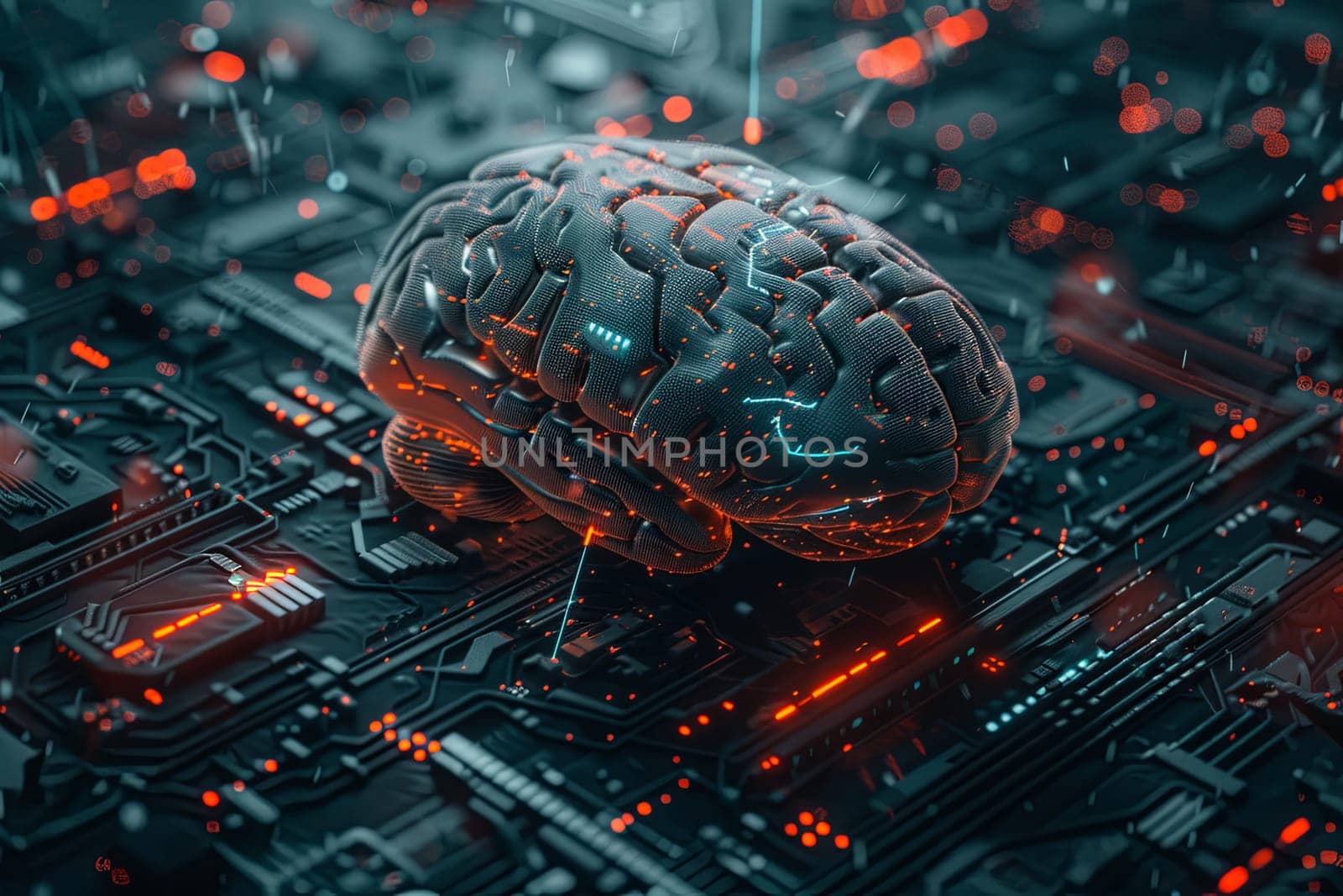 An abstract 3D rendering of a human brain integrated with digital elements and neural networks. This image symbolizes the fusion of human intelligence and AI.