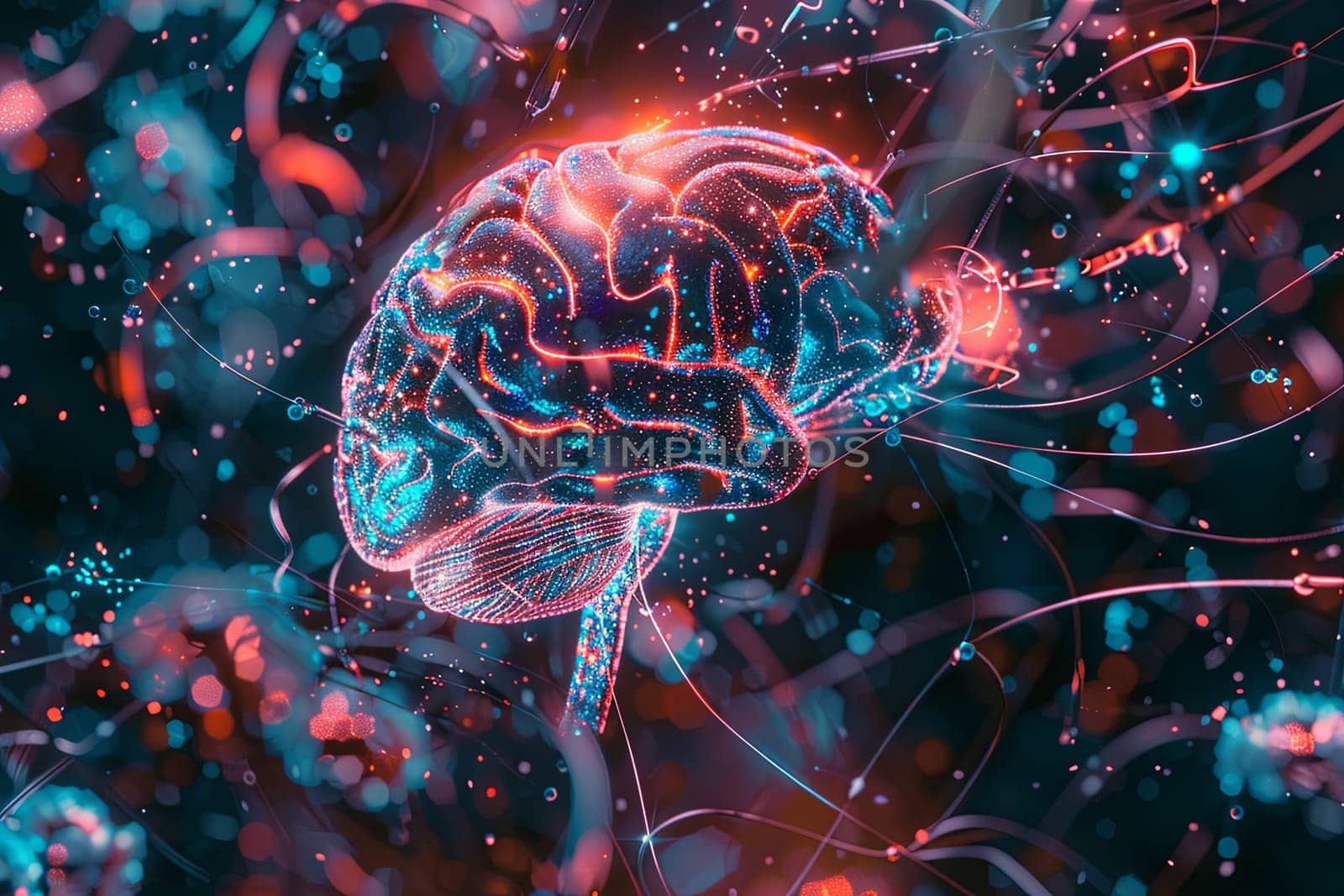 A futuristic visualization of a human brain merging with digital elements and neural networks, representing the future of human intelligence. Generative AI by AnatoliiFoto