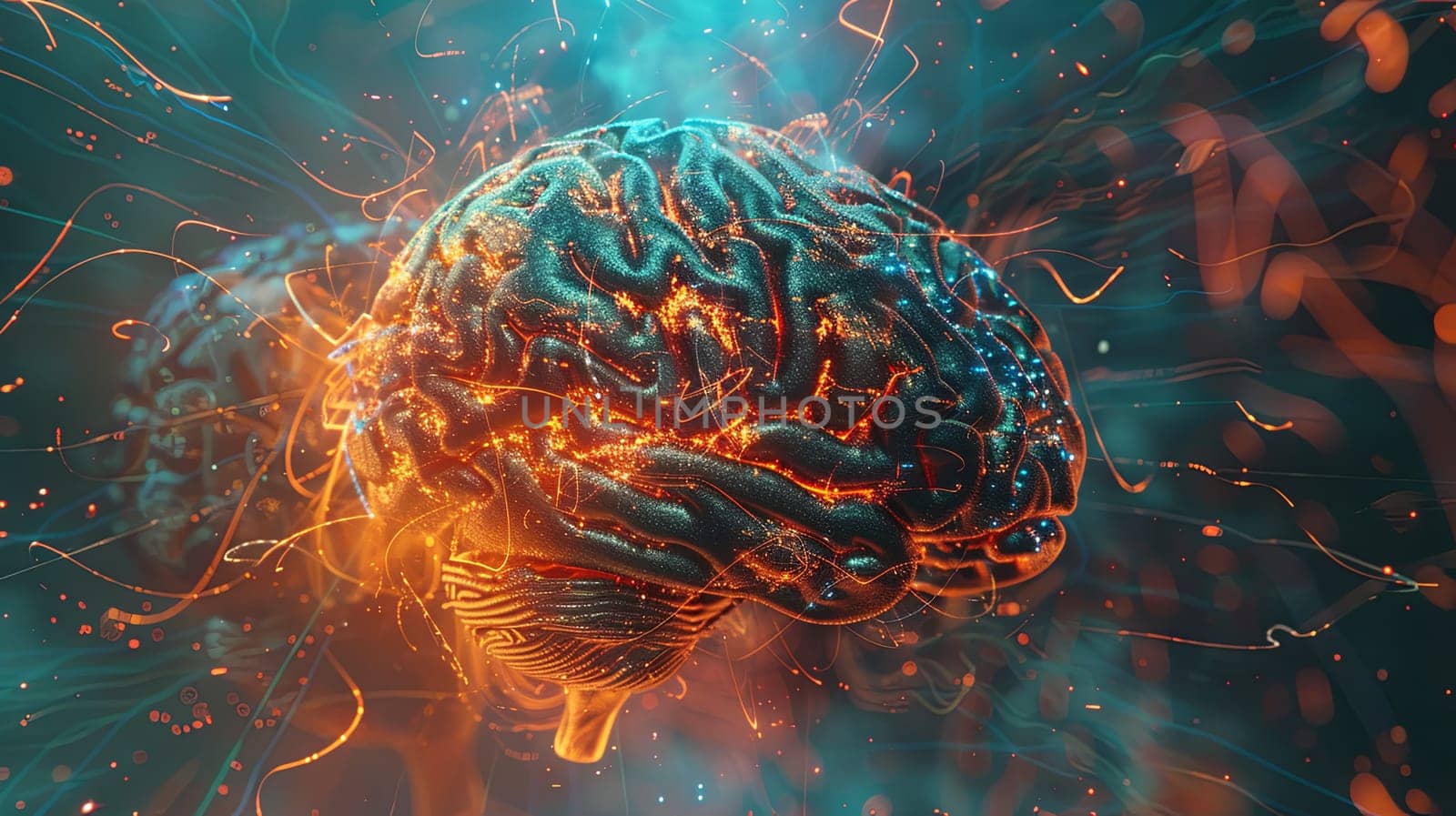 A 3D visualization showcasing the fusion of human intelligence and AI, represented by a brain interwoven with digital elements and neural networks.