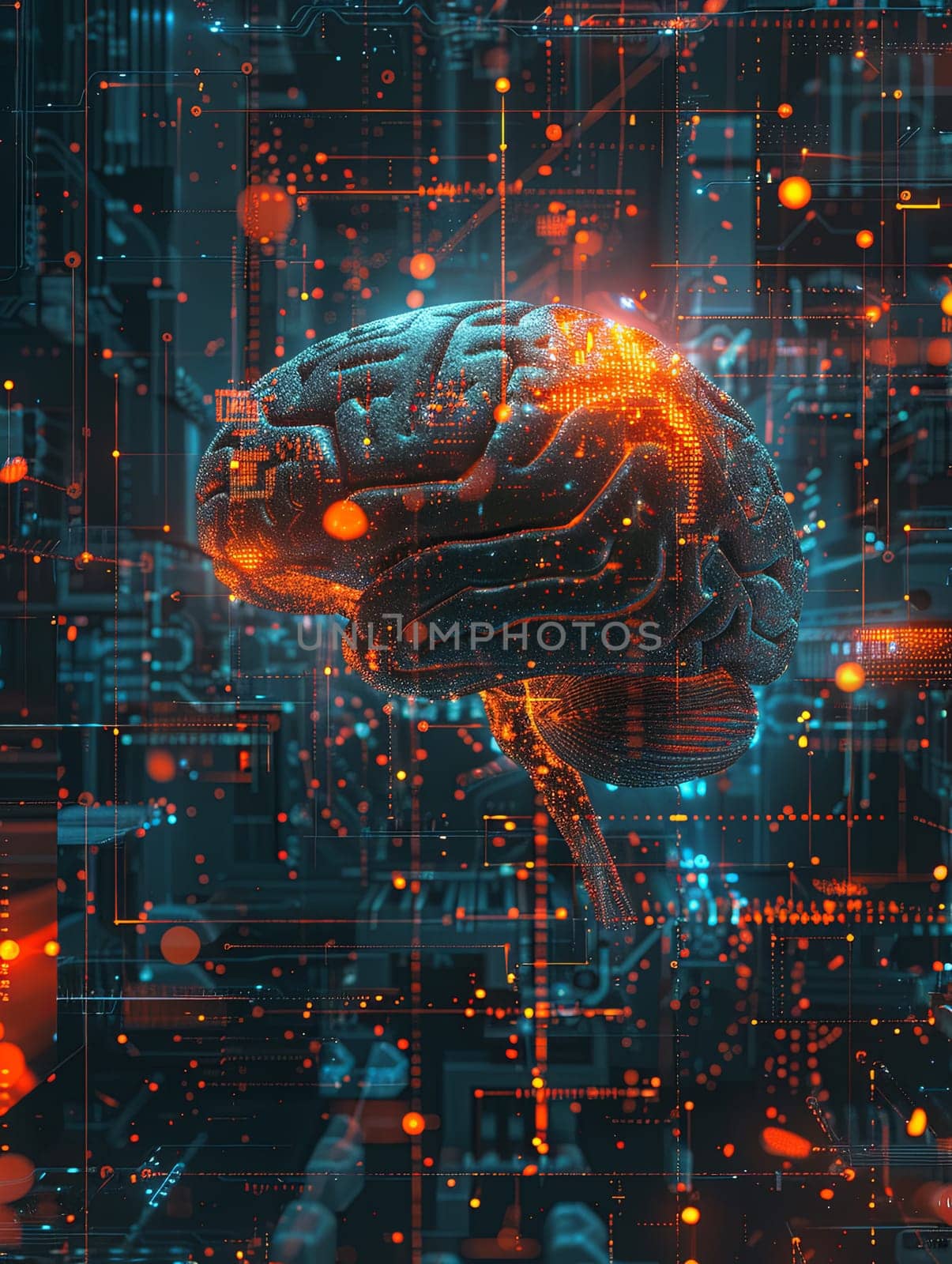 Abstract artwork depicting a human brain integrated with digital elements and neural networks, representing the fusion of human intellect and artificial intelligence. Generative AI by AnatoliiFoto