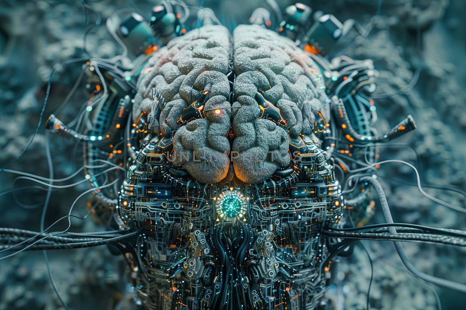 A close-up image of a futuristic, digitalized human brain, symbolizing the merging of human intelligence with artificial intelligence.