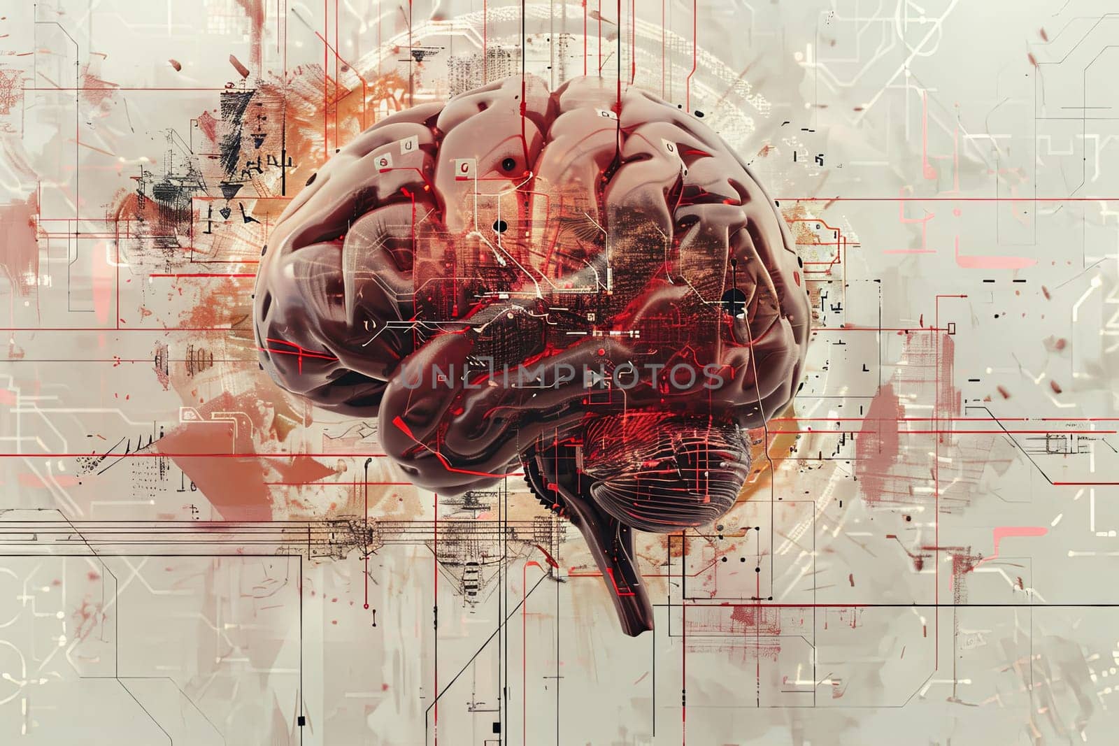 A digital art piece showcasing a human brain intertwined with neural networks and digital elements.