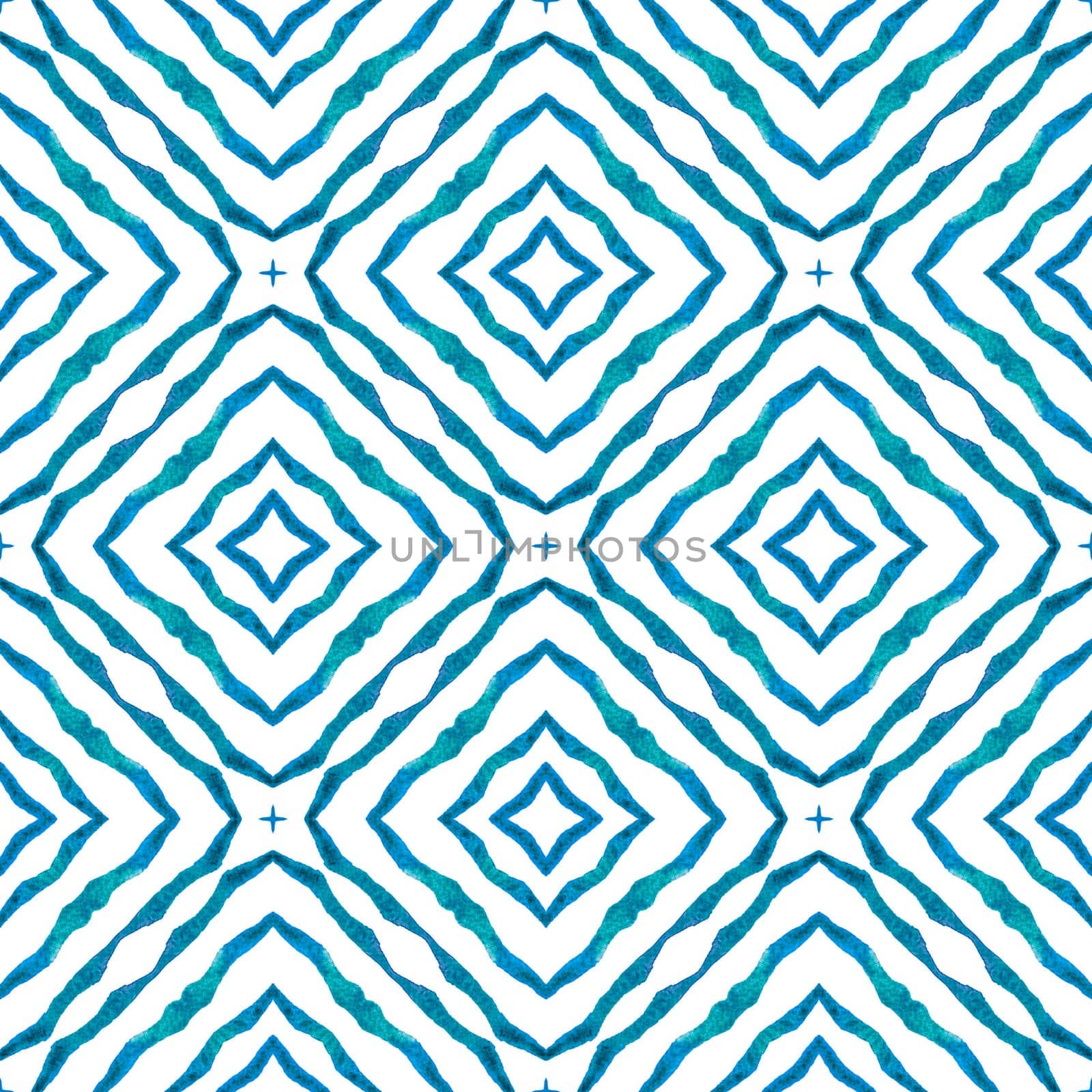 Ethnic hand painted pattern. Blue appealing boho chic summer design. Textile ready graceful print, swimwear fabric, wallpaper, wrapping. Watercolor summer ethnic border pattern.