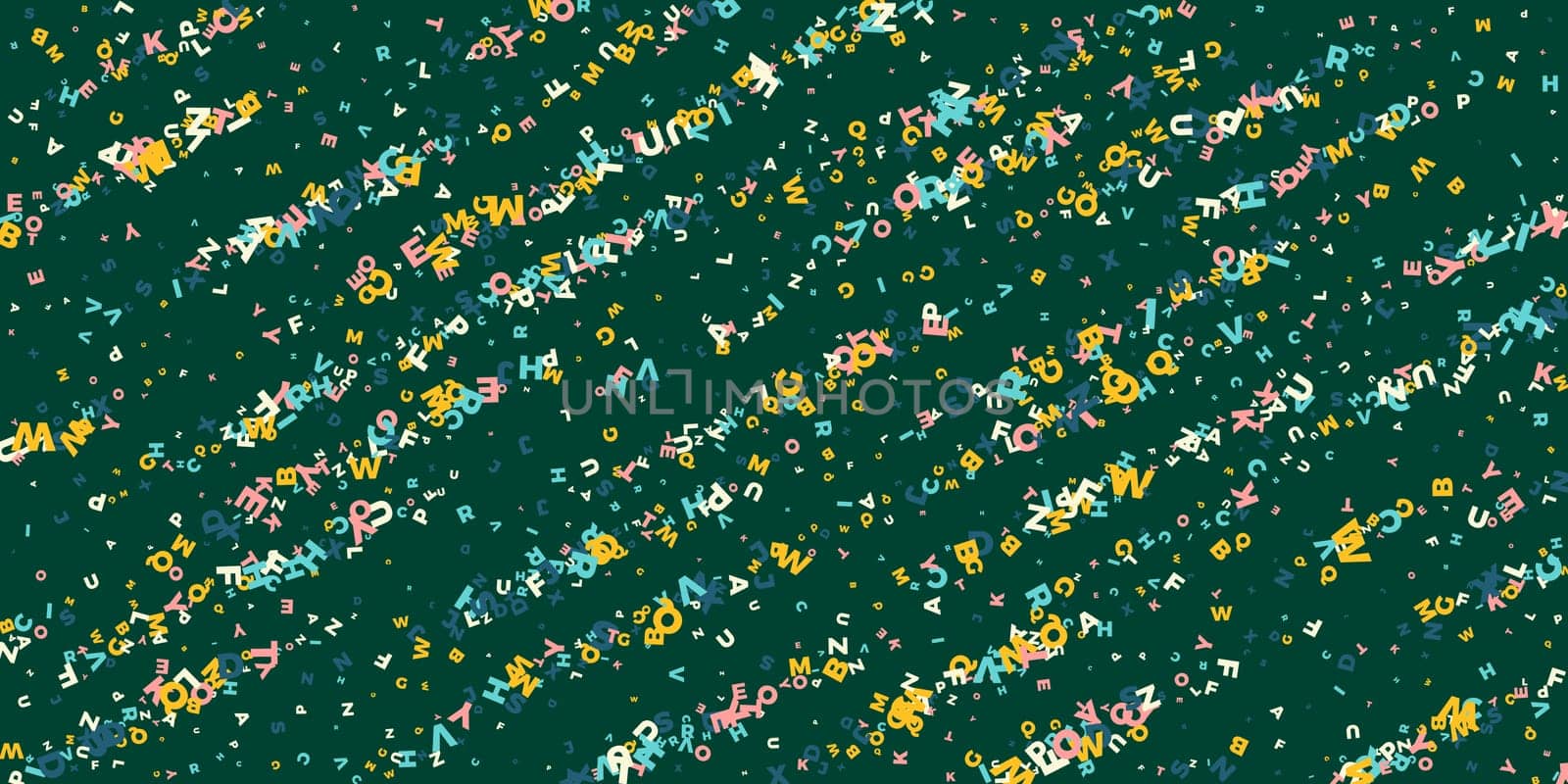 Flying latin letters. Colorful childish scattered charachters of English alphabet. Foreign languages study concept. Back to school banner .