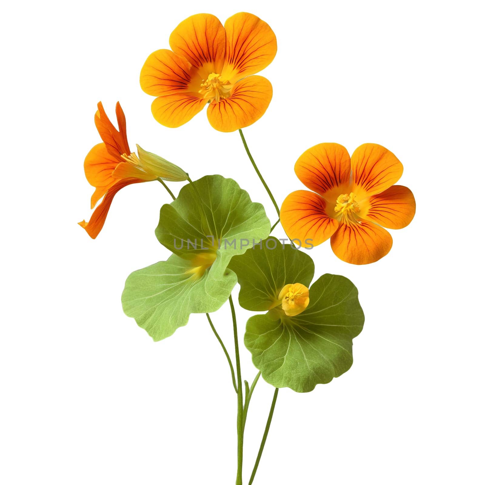 Orange nasturtium circular flowers with wavy edges central cluster of stamens Tropaeolum majus by Matiunina