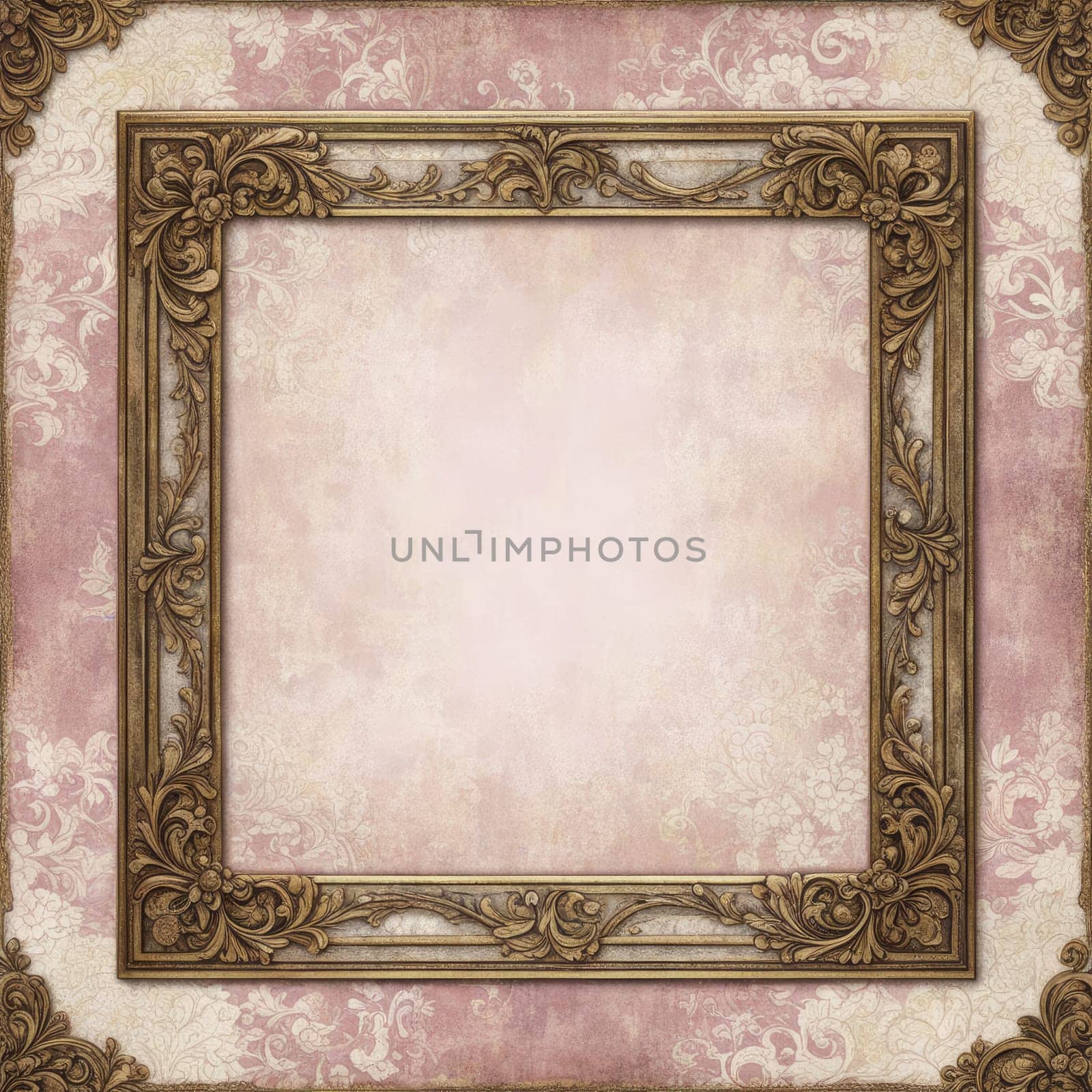 Vintage antique gold frame with wear and imperfections for photos and text . Colored background in Victorian style .