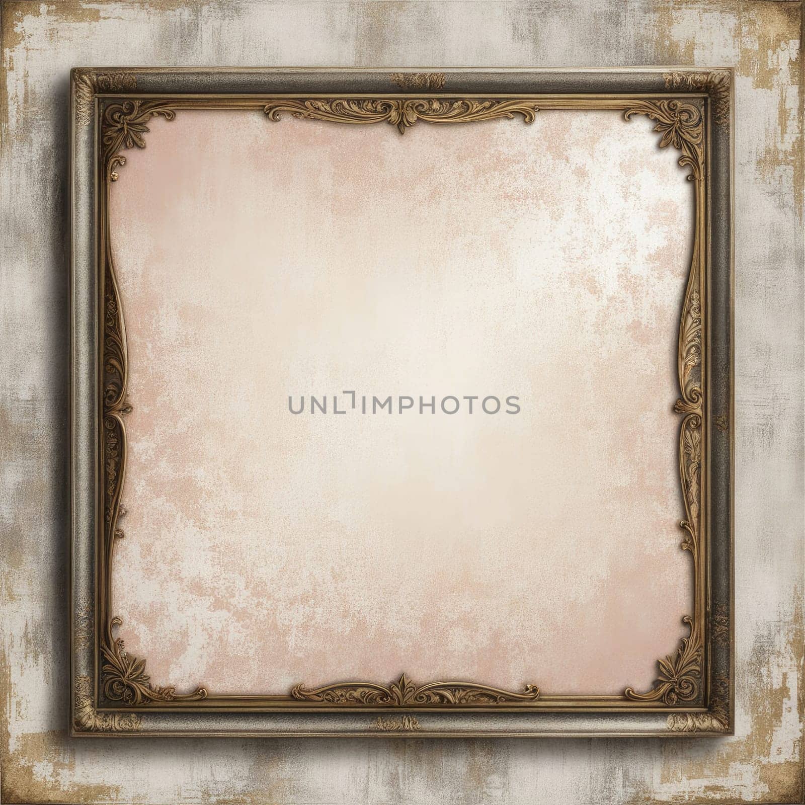 Vintage antique gold frame with wear and imperfections for photos and text . Colored background in Victorian style .