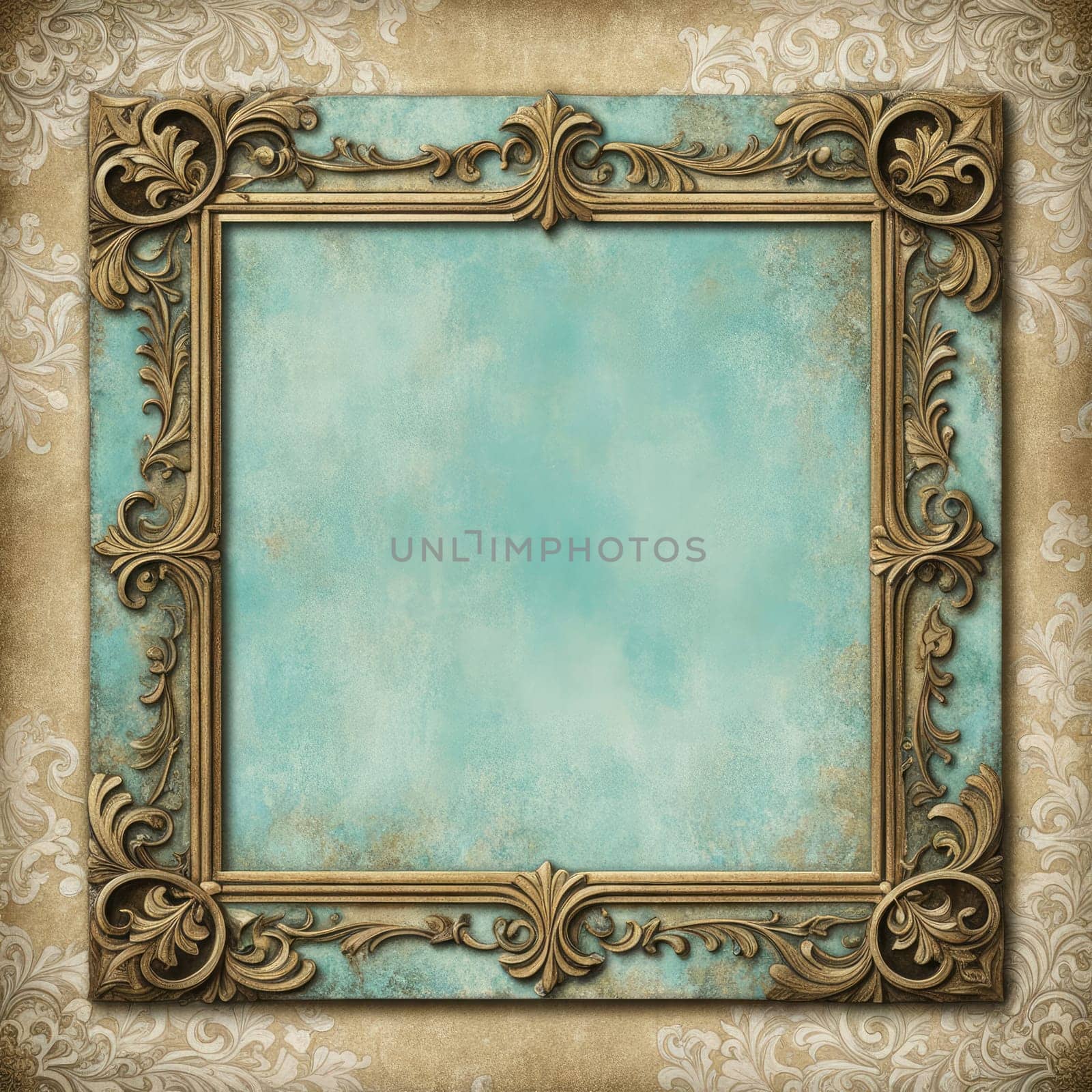 Vintage antique gold frame with wear and imperfections for photos and text . Colored background in Victorian style .