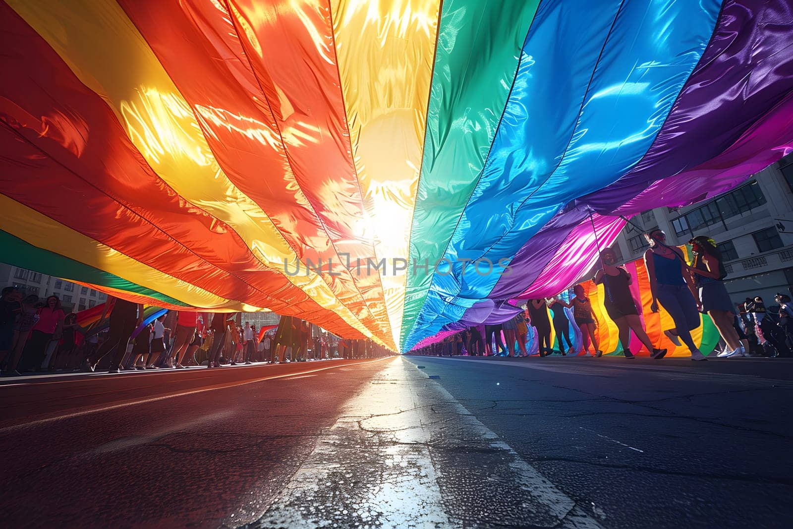 A rainbow flag is being held by a group of people. The flag is long and colorful, and the people are walking down the street. Scene is celebratory and joyful