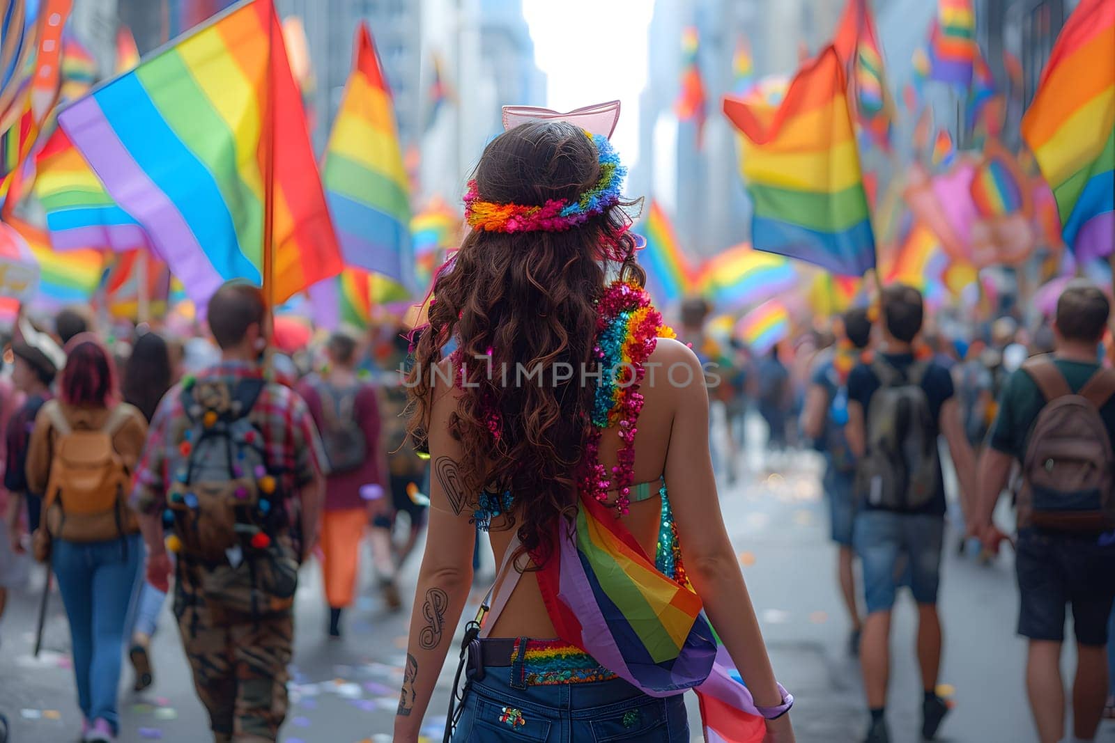 A woman wearing a rainbow headband by Ceballos