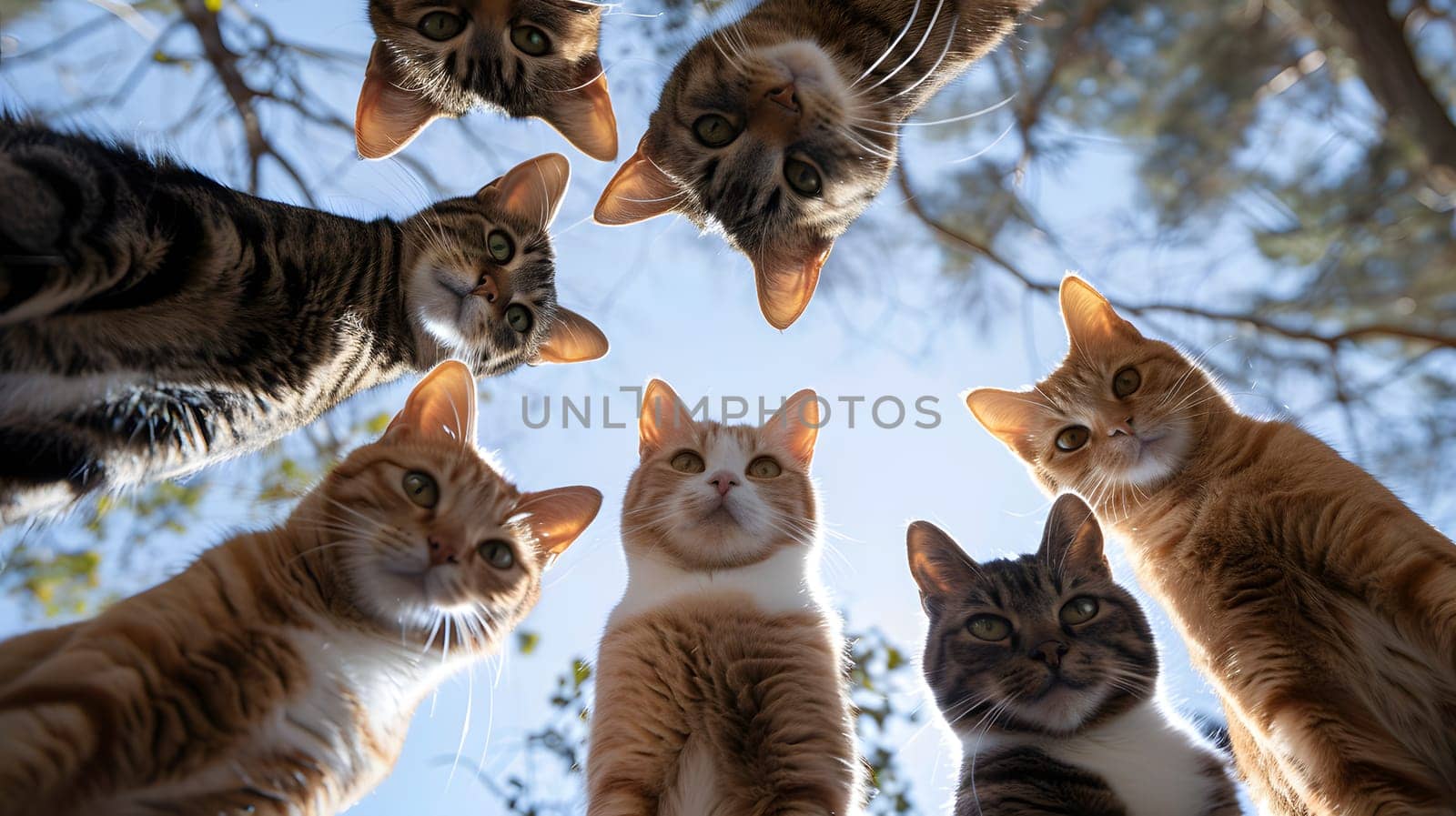 A group of small to mediumsized cats, members of the Felidae family, are standing in a circle, gazing up at the sky with their whiskers and fur on display