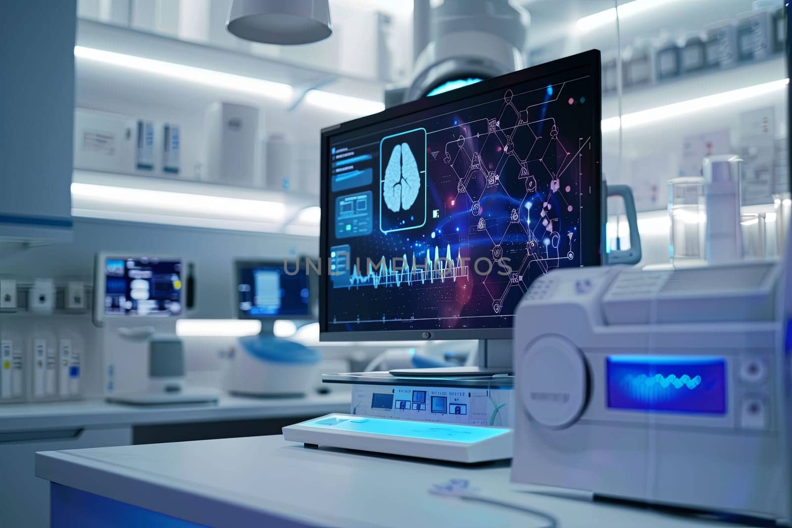 Modern, professional medical lab with advanced equipment. High-tech scanner displays patient data on large screen, demonstrating AI in healthcare. Generative AI by AnatoliiFoto