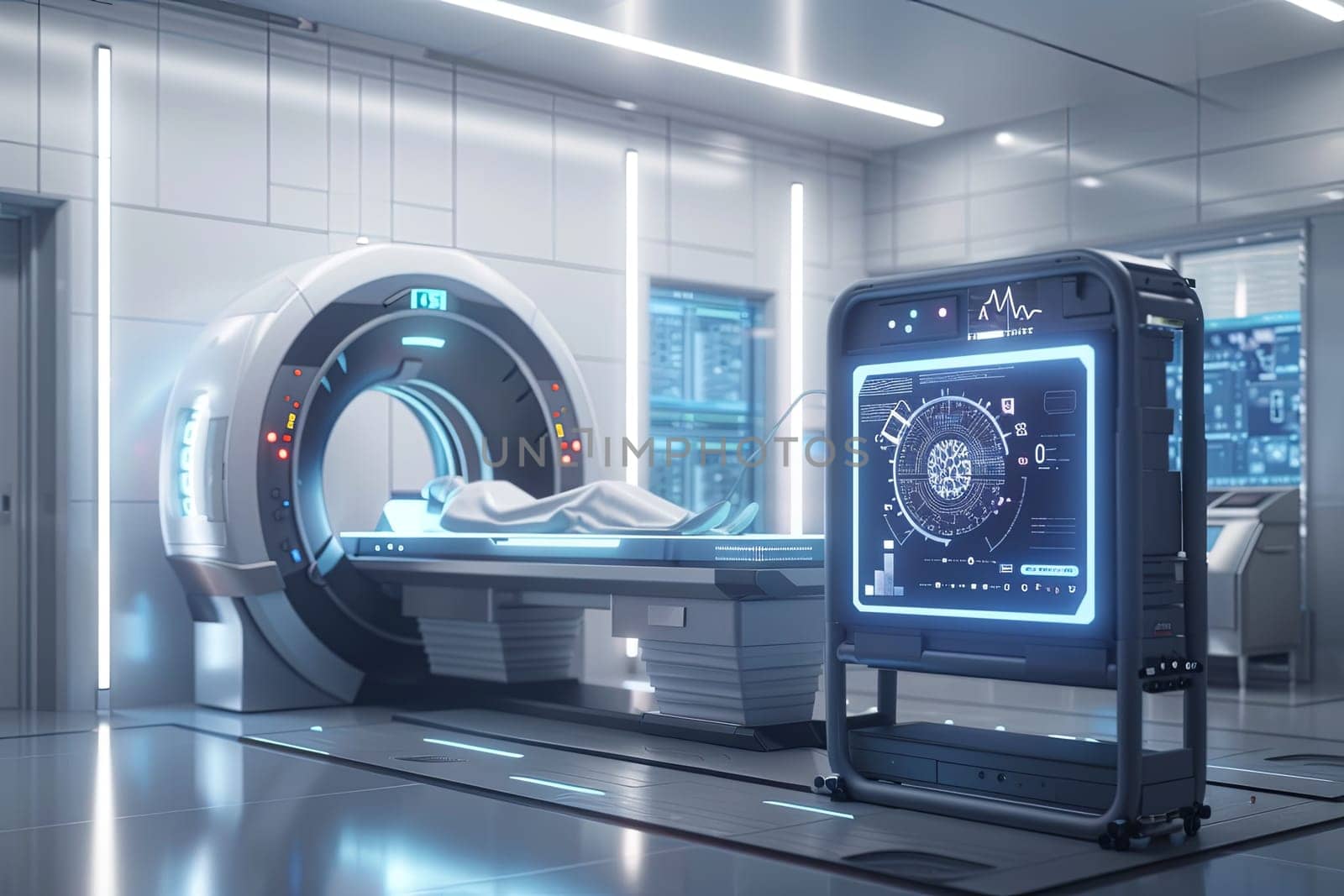 A sterile and modern medical laboratory featuring a high-tech scanner displaying patient data on a large screen, showcasing the use of AI in advanced medical diagnostics. Generative AI by AnatoliiFoto