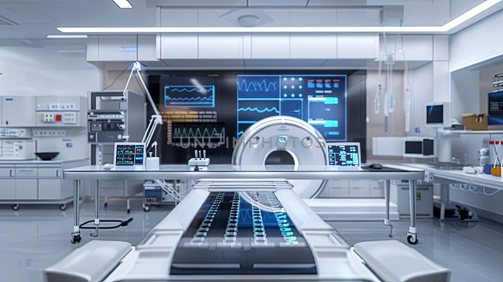 A sterile, modern medical laboratory with a high-tech scanner and a large screen displaying patient data. Generative AI by AnatoliiFoto