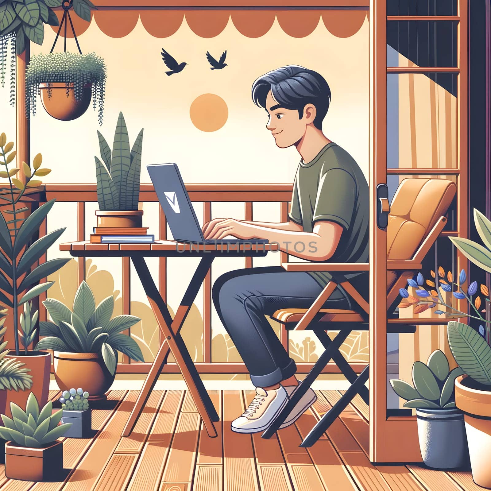 A man works on his laptop on a patio surrounded by plants.