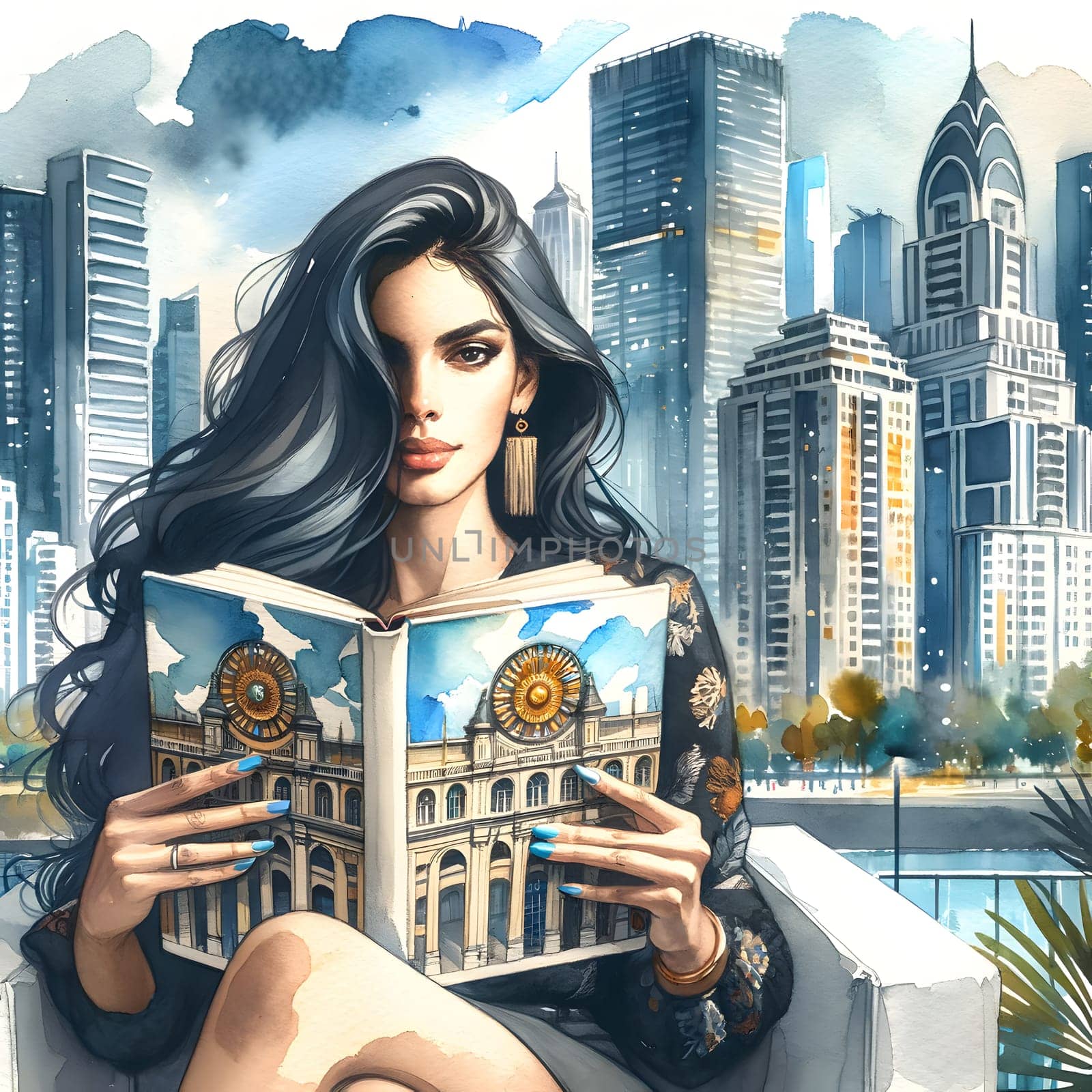 Woman Reading Book in Modern City by Ceballos