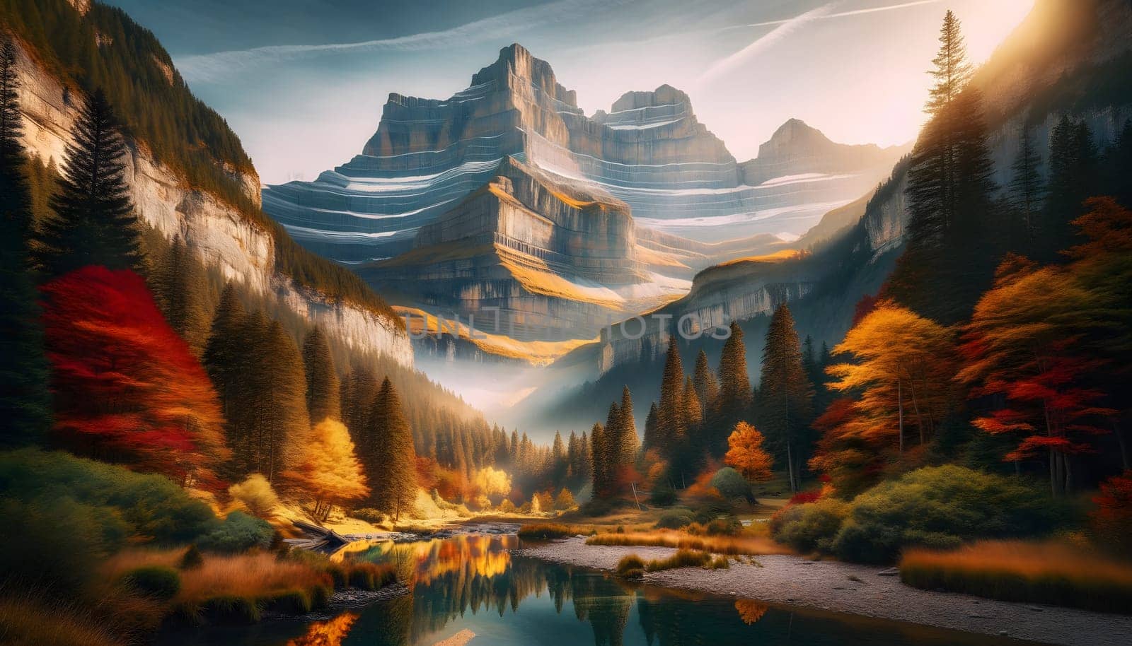 A stunning view of a mountain range with autumn foliage and a serene river.