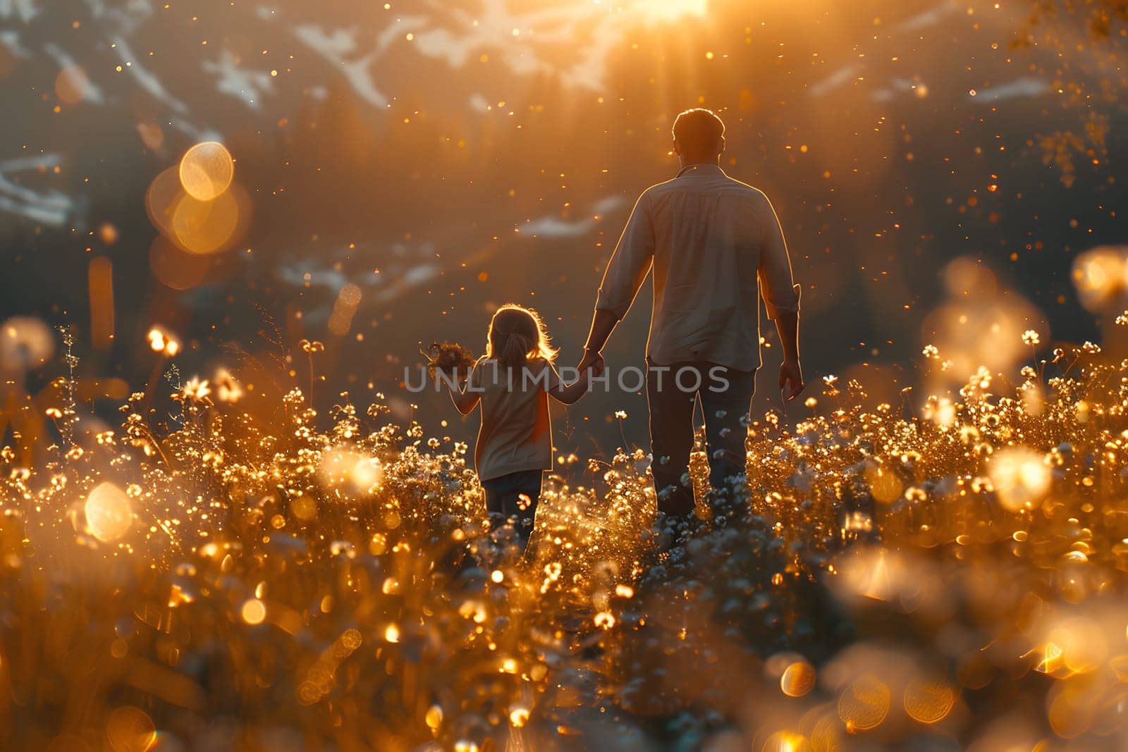 A father and daughter walk hand-in-hand through a field of flowers at sunset.