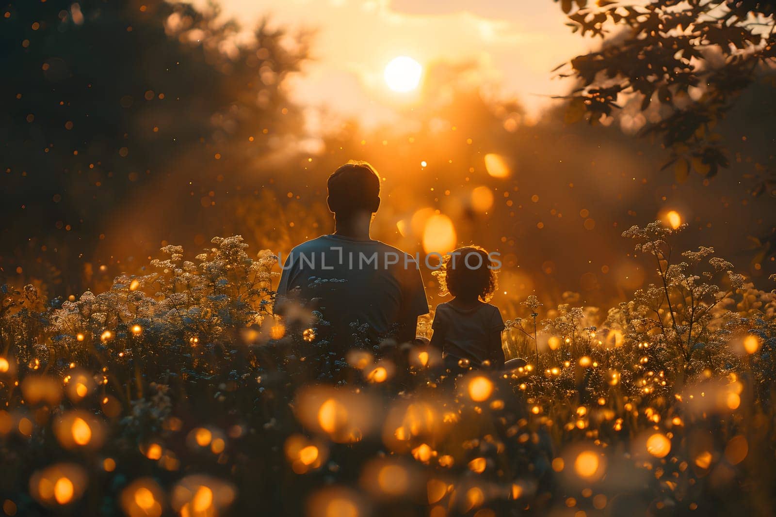 Father and Child Silhouetted Against Golden Sunset in Field of Flowers by Ceballos