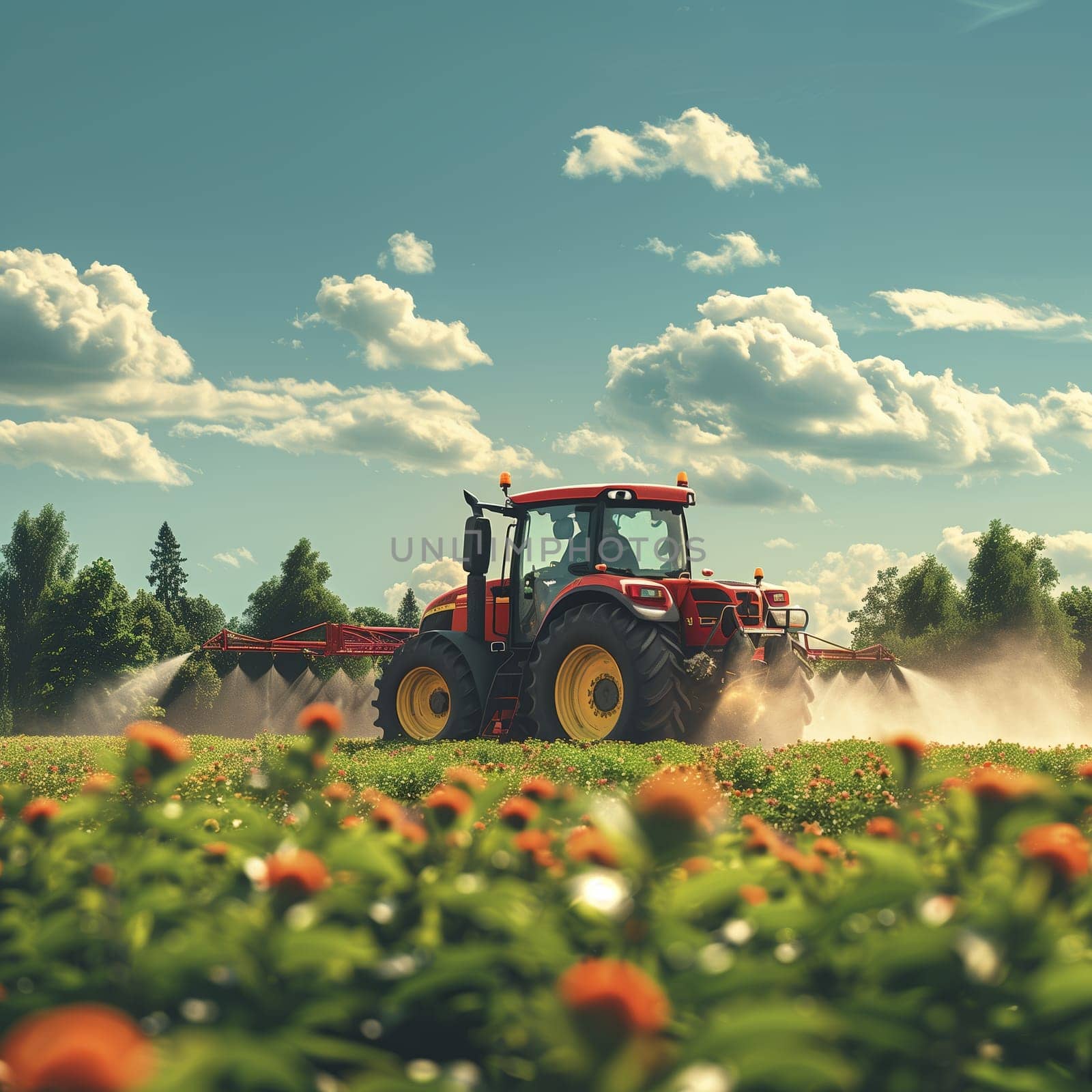This image shows a red tractor spraying crops in a field on a sunny day.