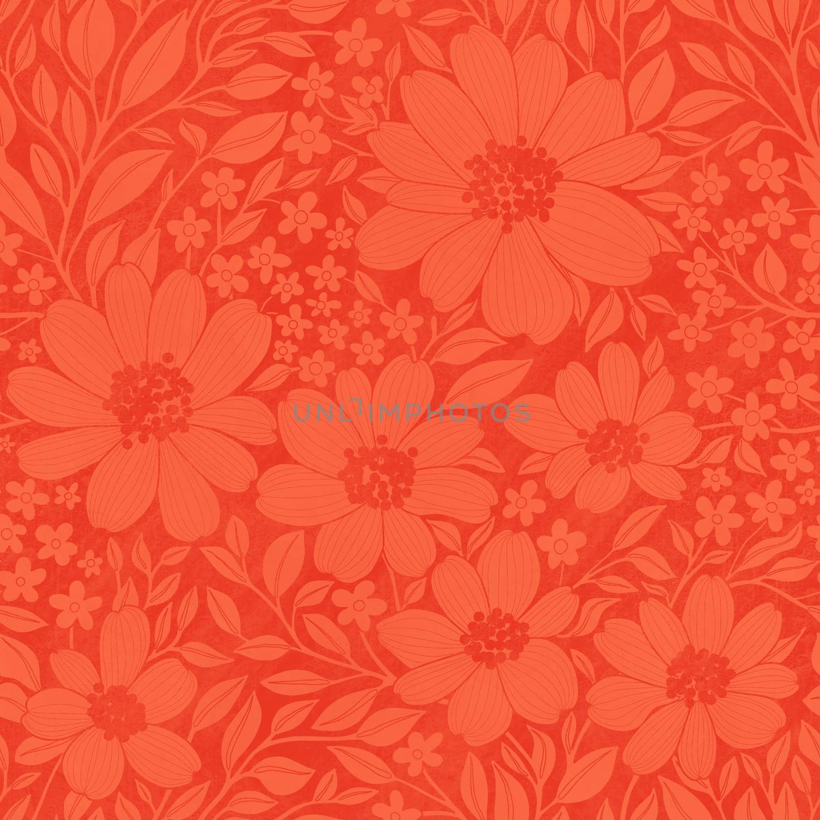 Floral Seamless Pattern of Red Flowers and Leaves on Red Tomato Backgroun with Texture, Greate for Wallpapers, Textiles, Papers, Prints, Fashion, Beauty Products, Wrappings, Package Design.