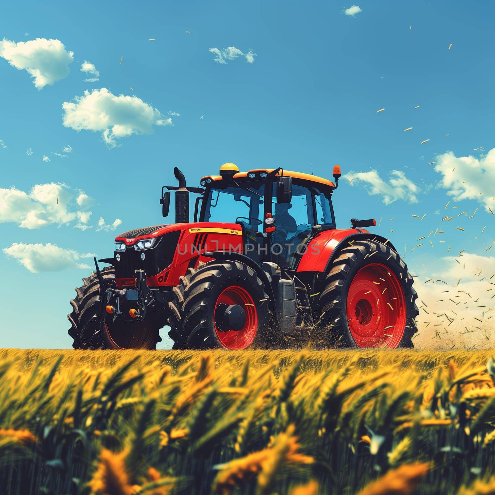 This image shows a red tractor spraying crops in a field on a sunny day.