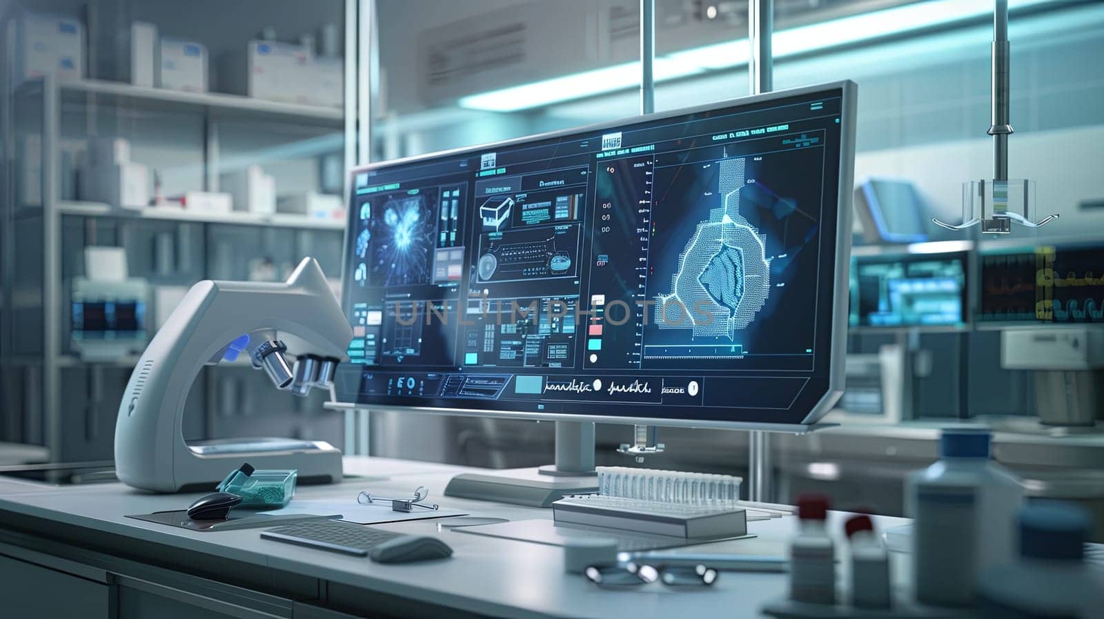 A modern medical laboratory featuring a high-tech computer screen displaying patient data being analyzed by AI-powered diagnostic tools. Generative AI by AnatoliiFoto