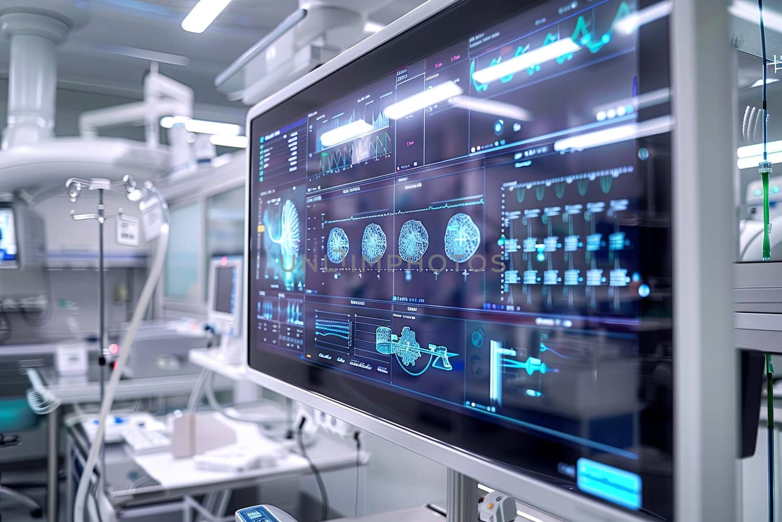 A modern medical laboratory featuring advanced equipment, including a large screen displaying AI-powered diagnostics and patient data analysis.