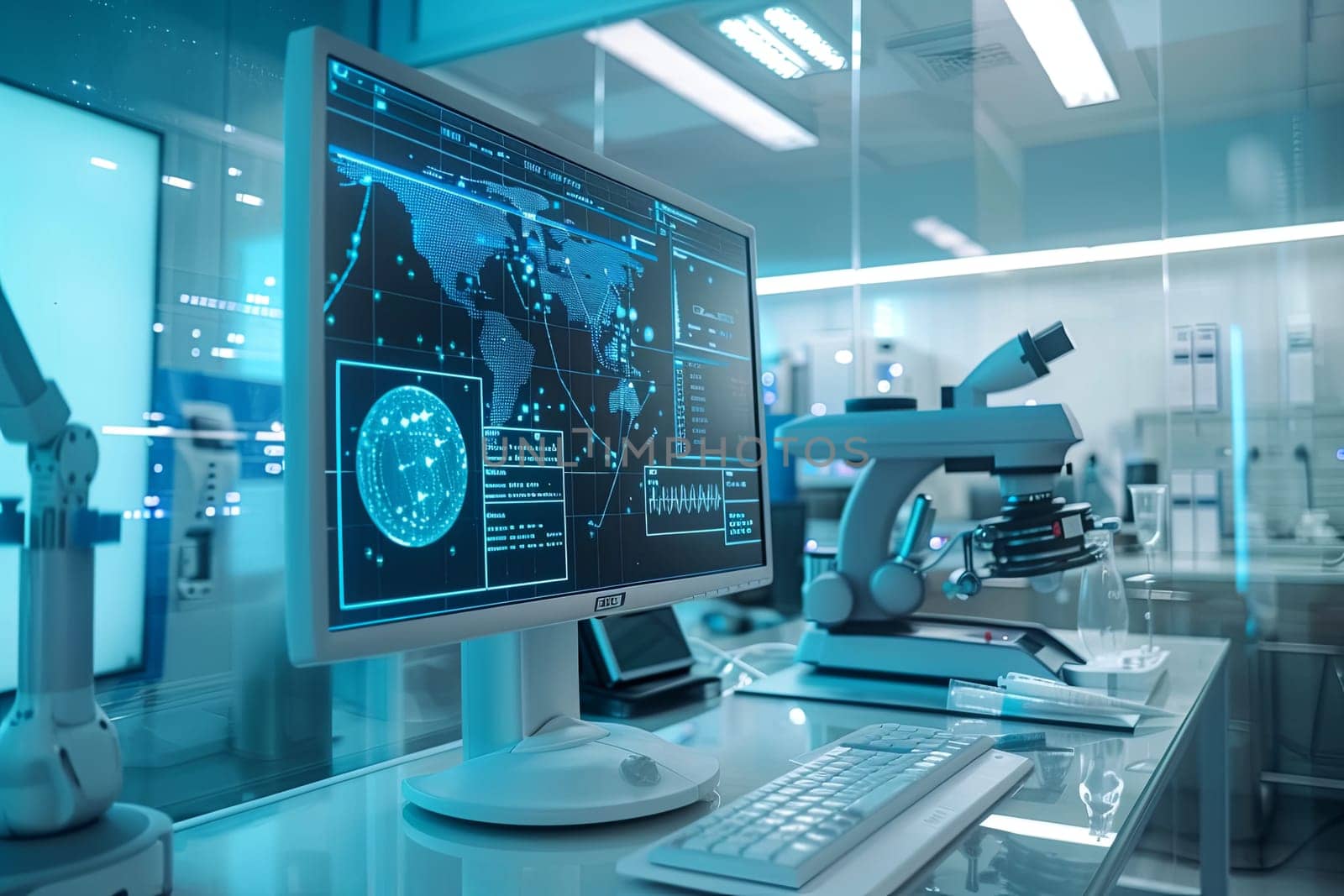 A modern medical laboratory equipped with advanced medical equipment, including a computer monitor displaying patient data and a microscope. Generative AI by AnatoliiFoto