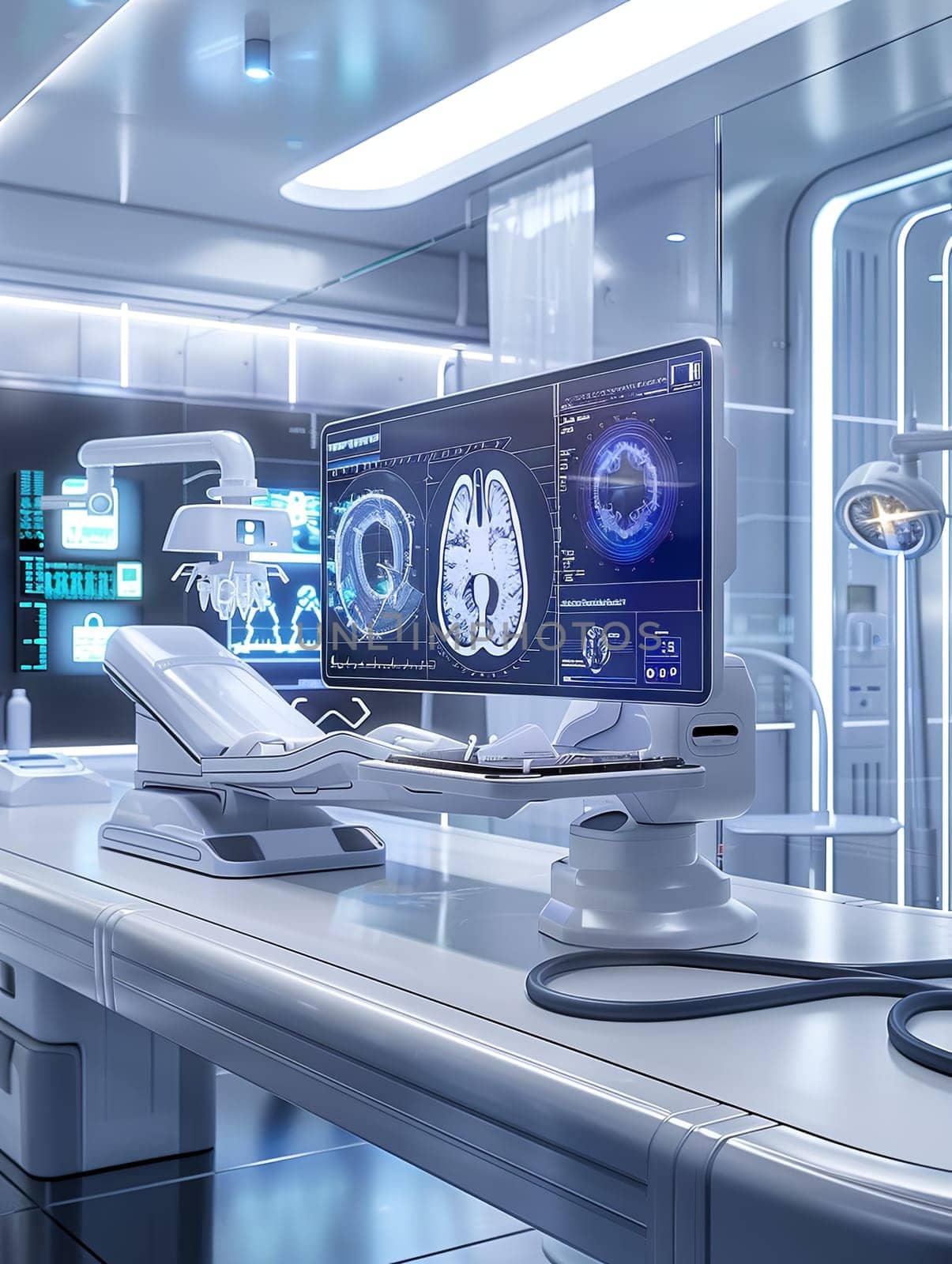 A clean and professional medical laboratory showcasing advanced medical equipment, including a large screen displaying patient data analyzed by AI-powered diagnostic tools. Generative AI by AnatoliiFoto