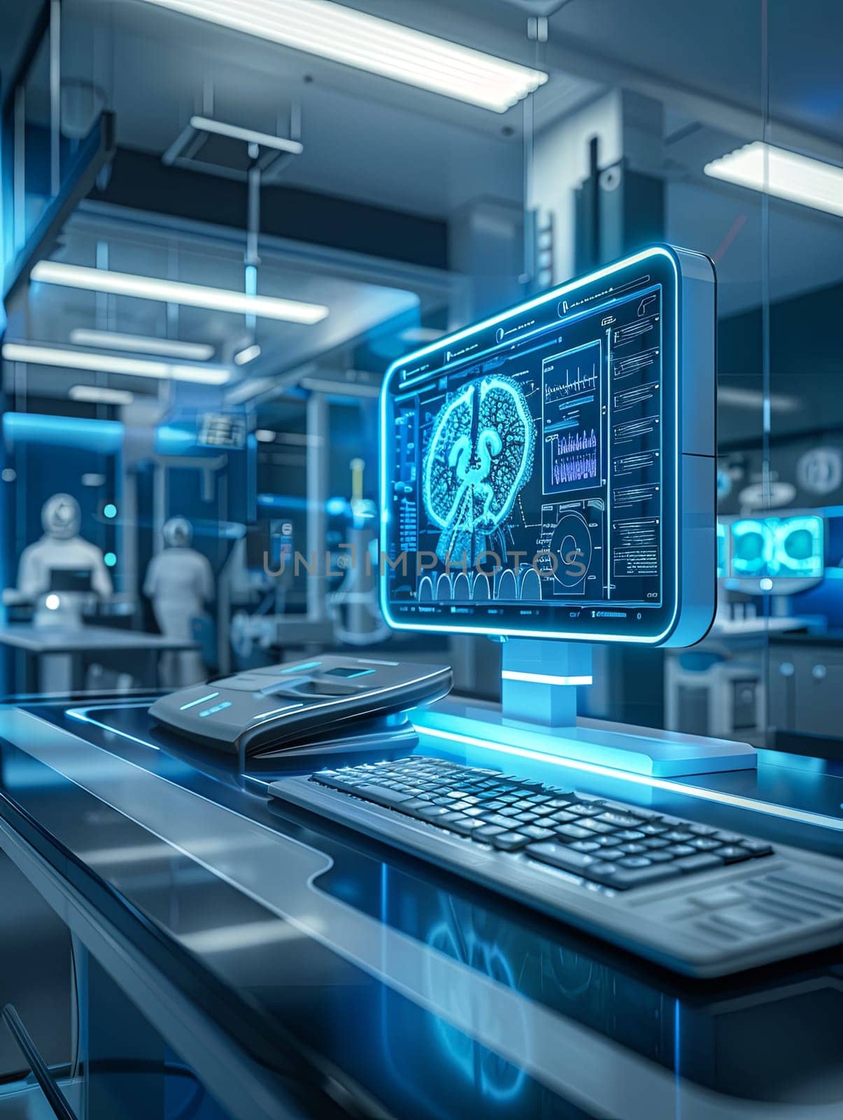 A modern medical laboratory features a computer displaying an AI-powered diagnostic scan of a patients brain. Generative AI by AnatoliiFoto