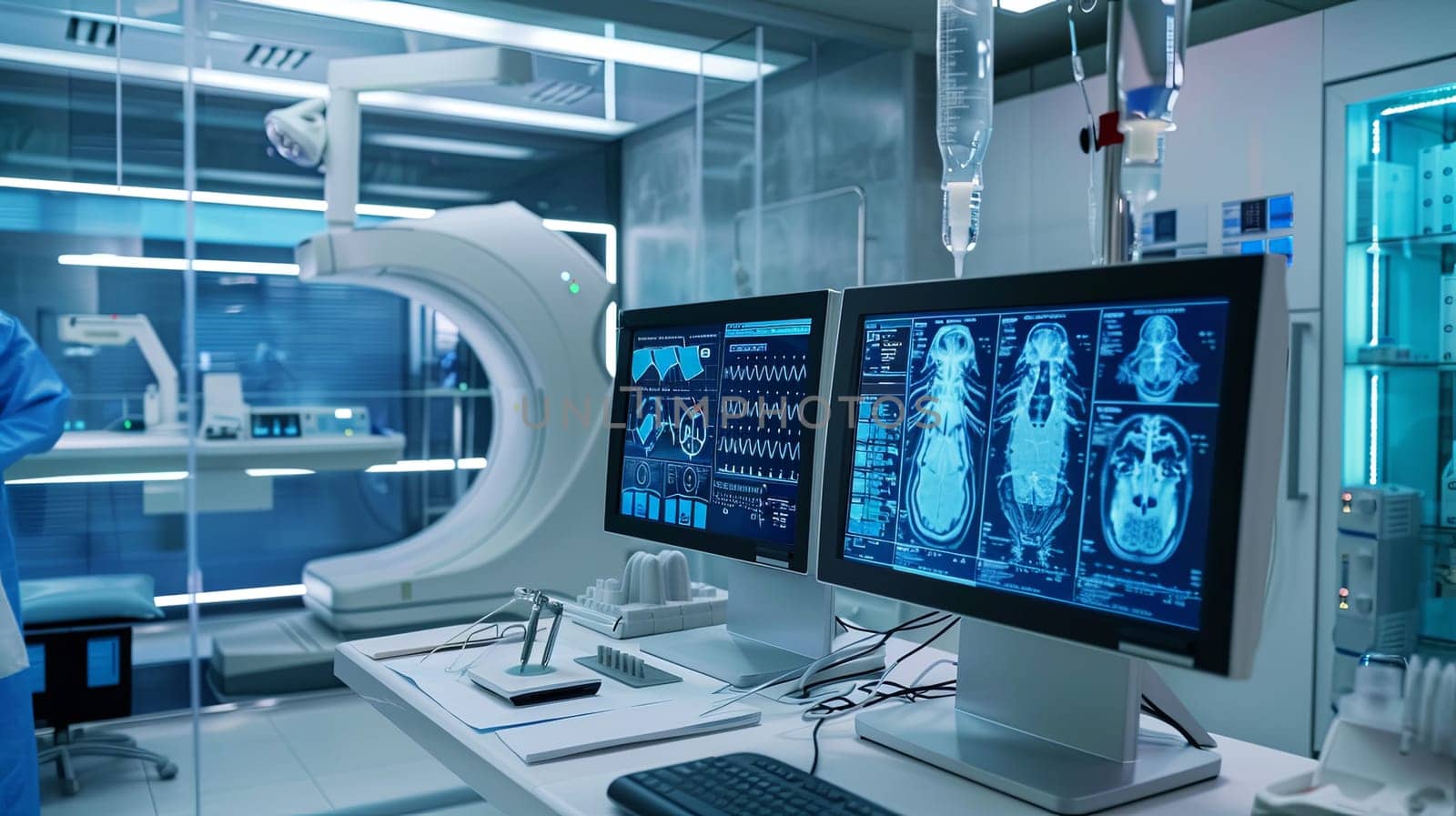 A modern medical laboratory with AI-powered diagnostic tools, featuring a high-tech scanner analyzing patient data on a large screen. Generative AI by AnatoliiFoto