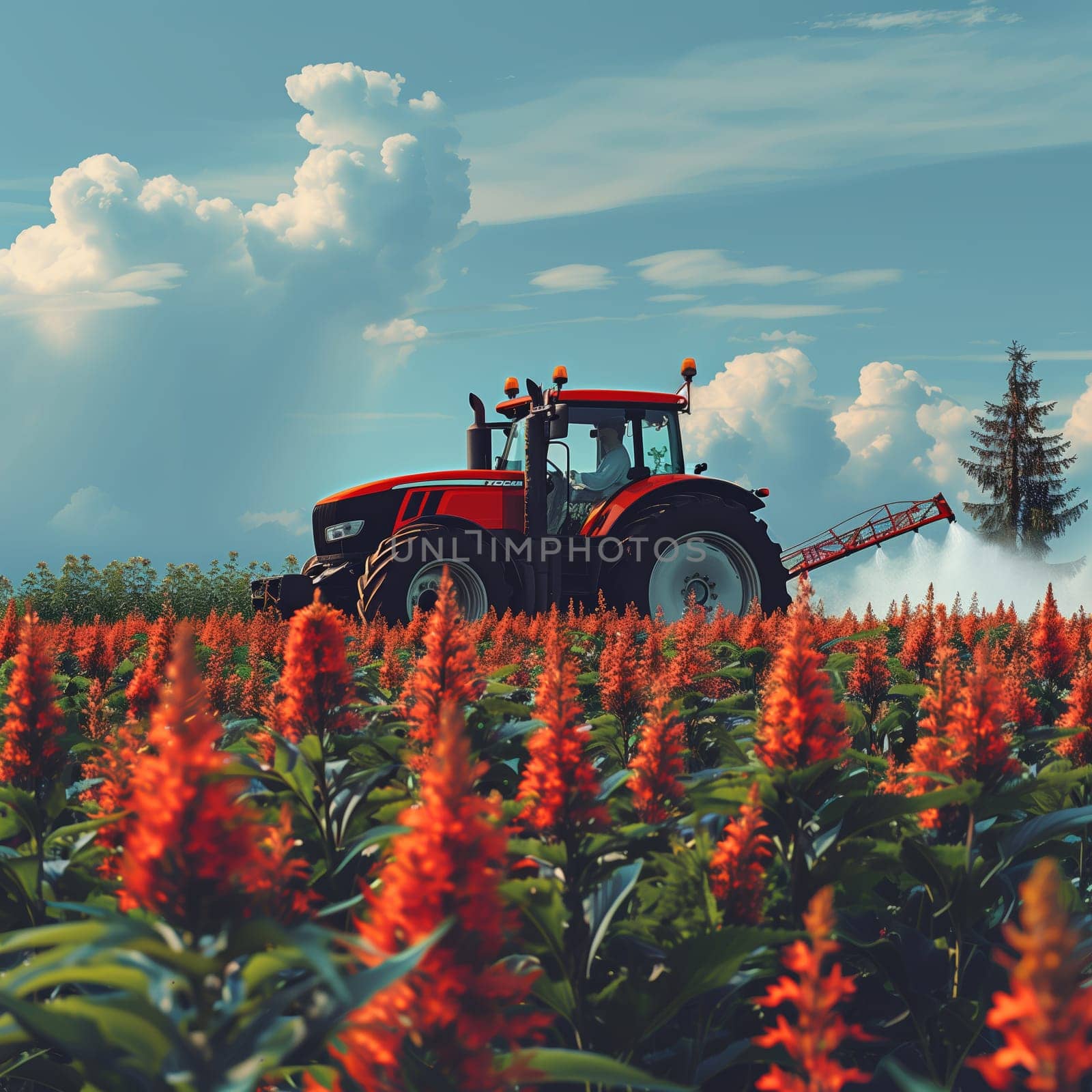 This image shows a red tractor spraying crops in a field on a sunny day.