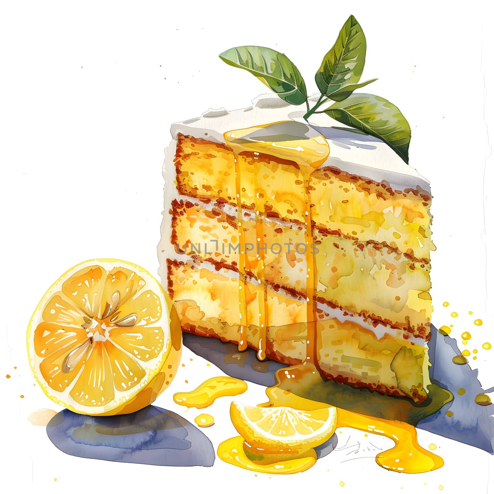 Slice of cake and lemon on rectangular plate, perfect dessert combo by Nadtochiy