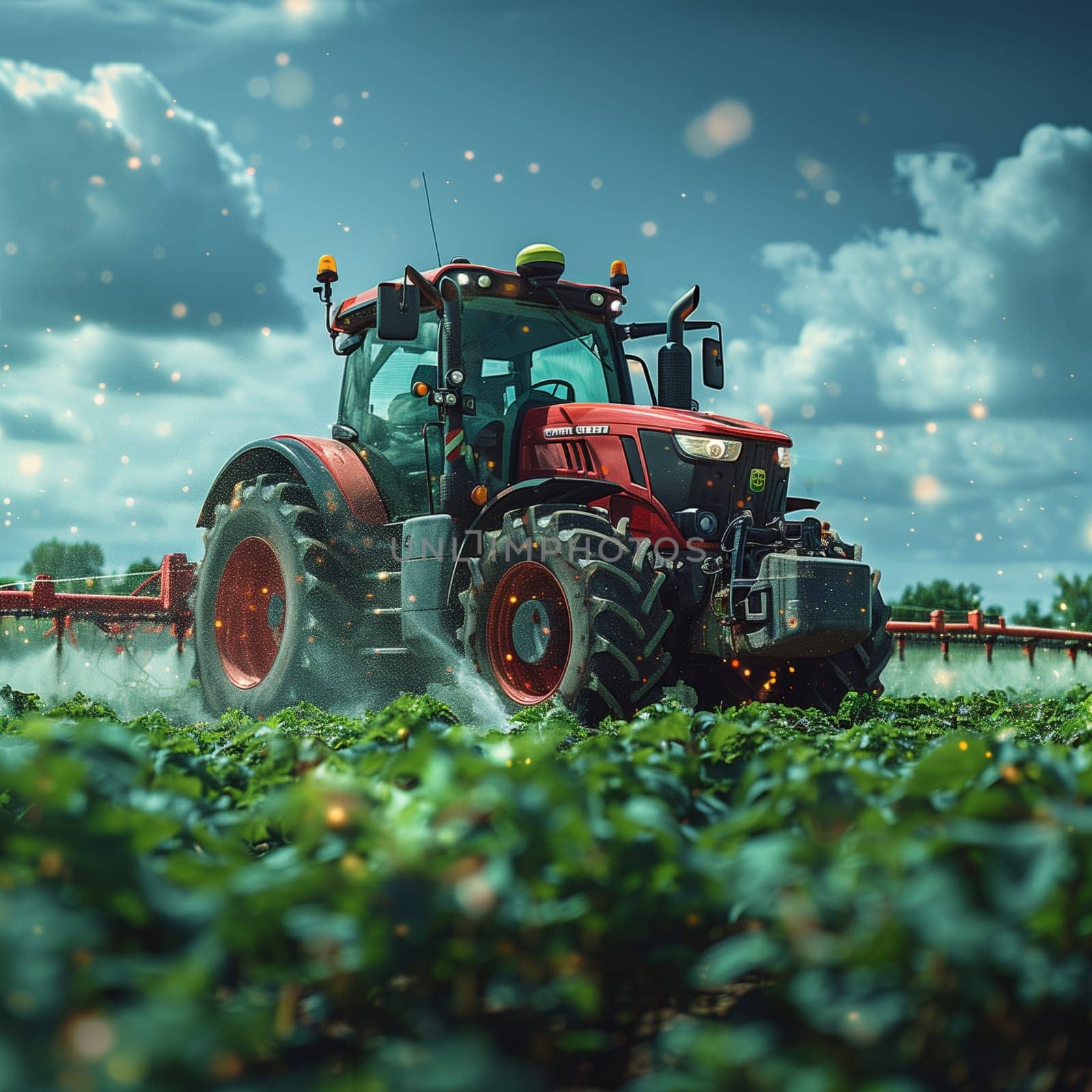 This image shows a red tractor spraying crops in a field on a sunny day.