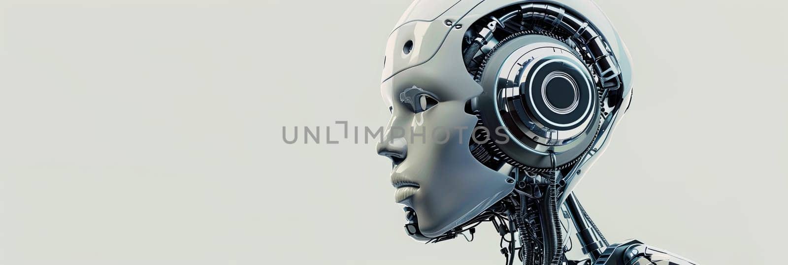 3D rendering of an artificial intelligence robot head with a visible digital brain engine, isolated on a white background. Generative AI by AnatoliiFoto