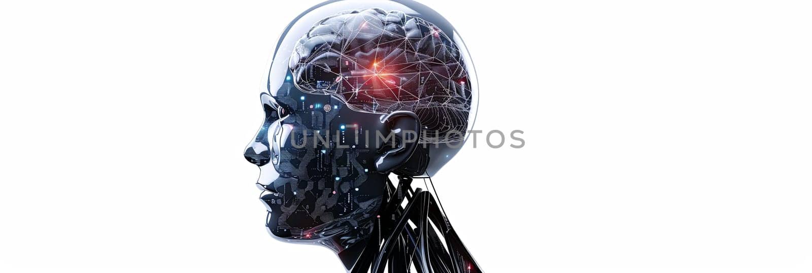 A 3D rendering of a robotic head with a transparent skull revealing a complex digital brain engine. Generative AI by AnatoliiFoto