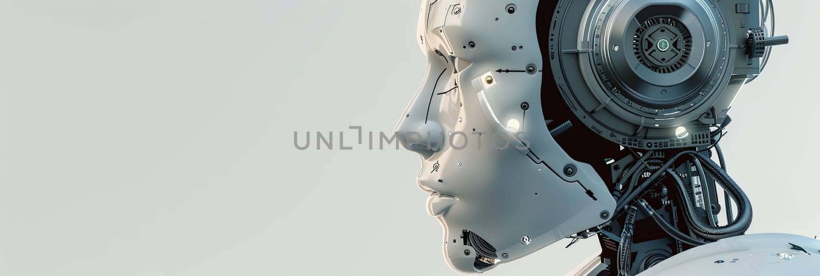 3D rendered image of an AI robot head with a visible digital graphic brain engine, isolated on a white background. Generative AI by AnatoliiFoto