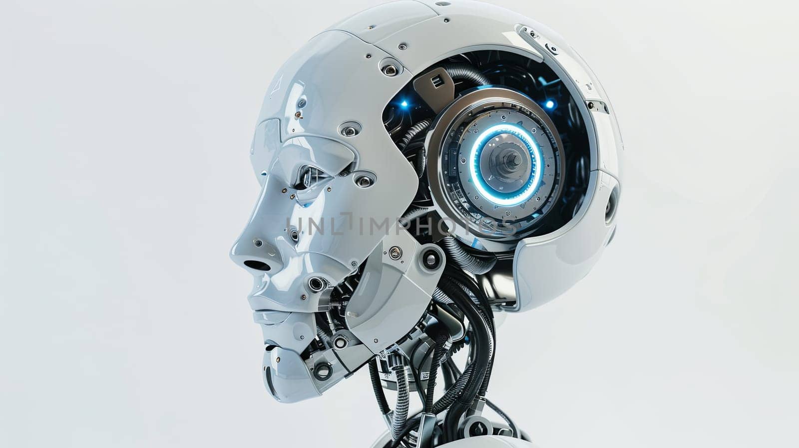 A 3D rendered image of an AI robot head with a digital brain engine visible inside. Isolated on a white background with clipping path.