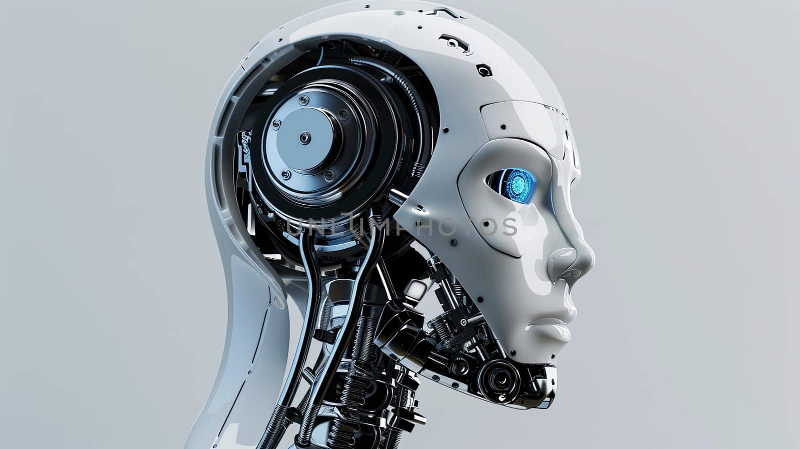 A 3D rendering of an AI robot head with an exposed digital brain engine, isolated on a white background with clipping path.