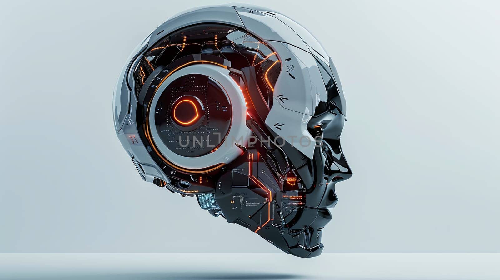 A 3D rendering of an AI robot head with a digital brain engine inside, isolated on a white background.