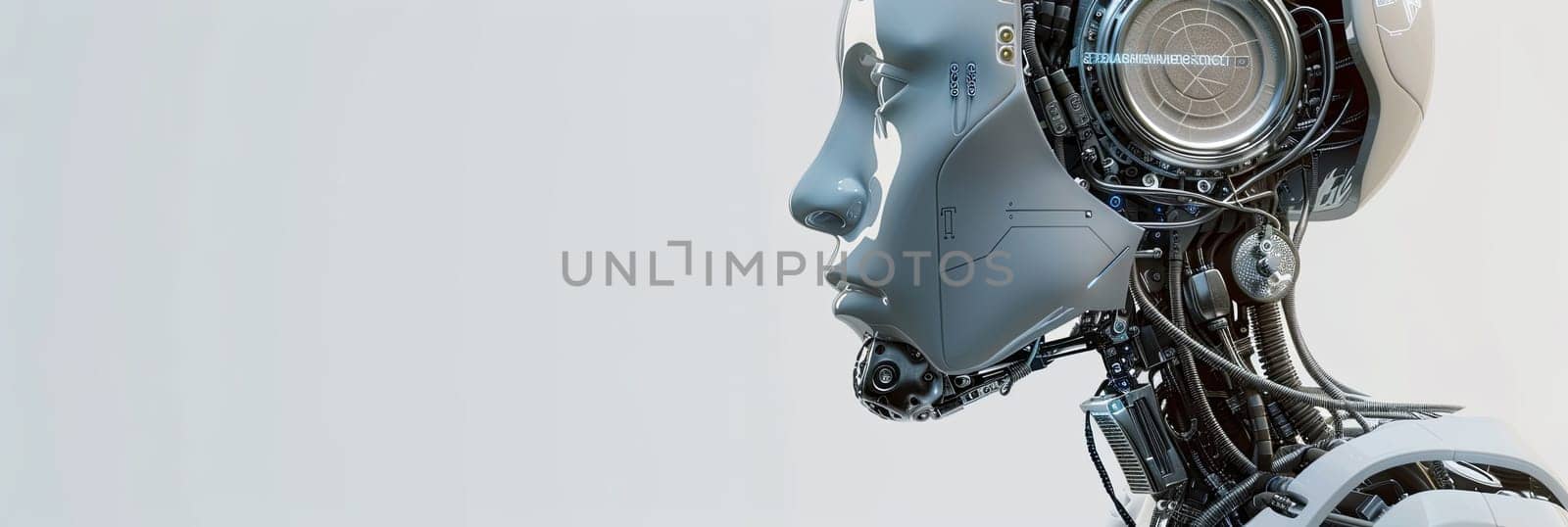 A 3D rendering of an AI robot head with a visible digital graphic brain engine, isolated on a white background.