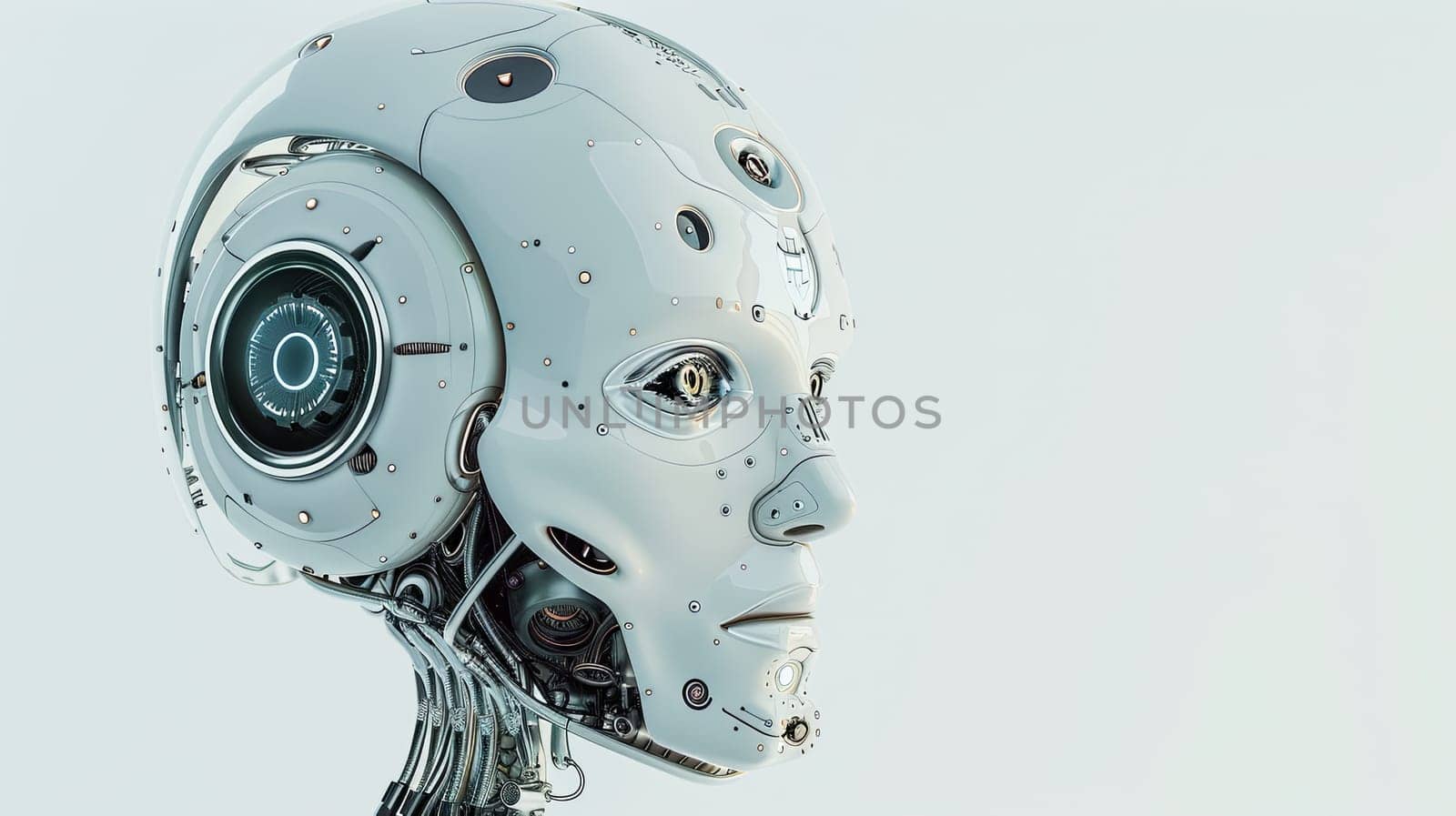 3D rendered image of a white AI robot head with a digital brain engine visible inside, isolated on a white background. Generative AI by AnatoliiFoto