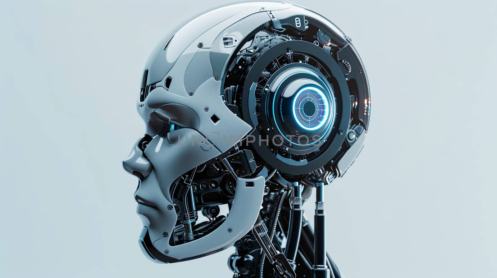 A 3D rendering of an AI robot head with a digital brain engine, isolated on a white background. Generative AI by AnatoliiFoto