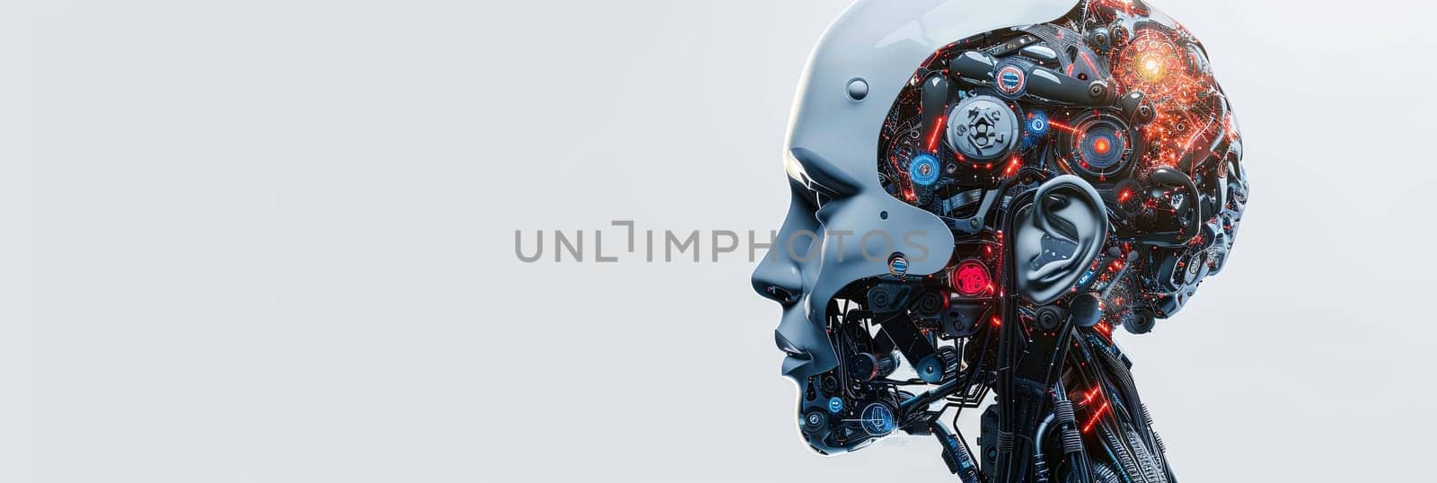 A 3D rendering of a robotic head, isolated against a white background. The head is partially disassembled, revealing a complex digital brain engine. Generative AI by AnatoliiFoto