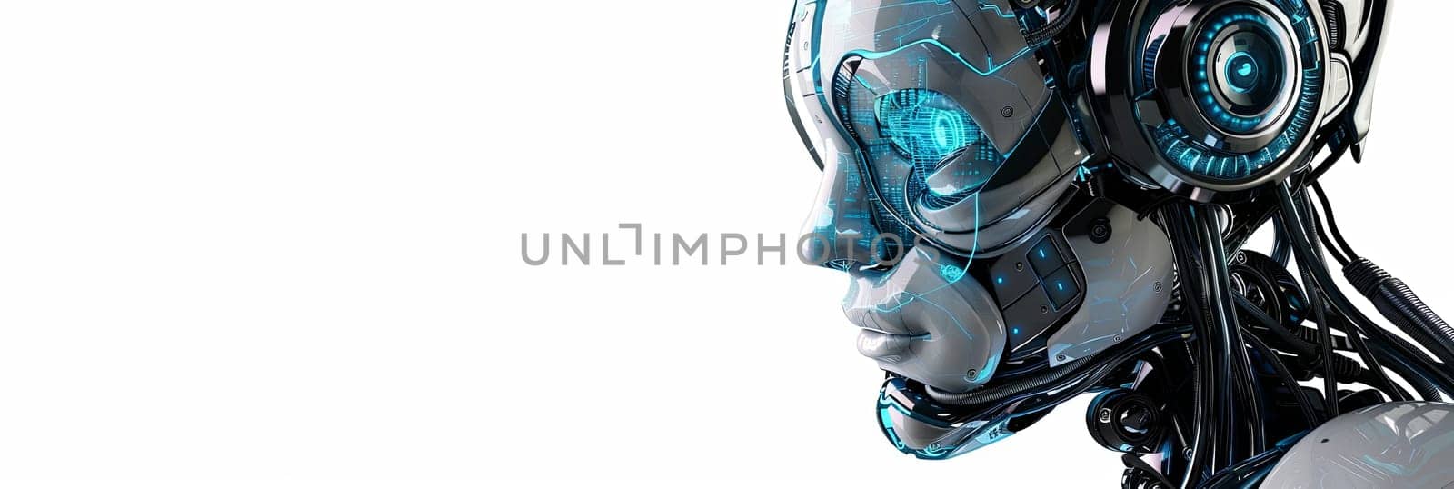 A 3D rendering of an AI robot head with a visible digital brain engine, isolated on a white background. Generative AI by AnatoliiFoto